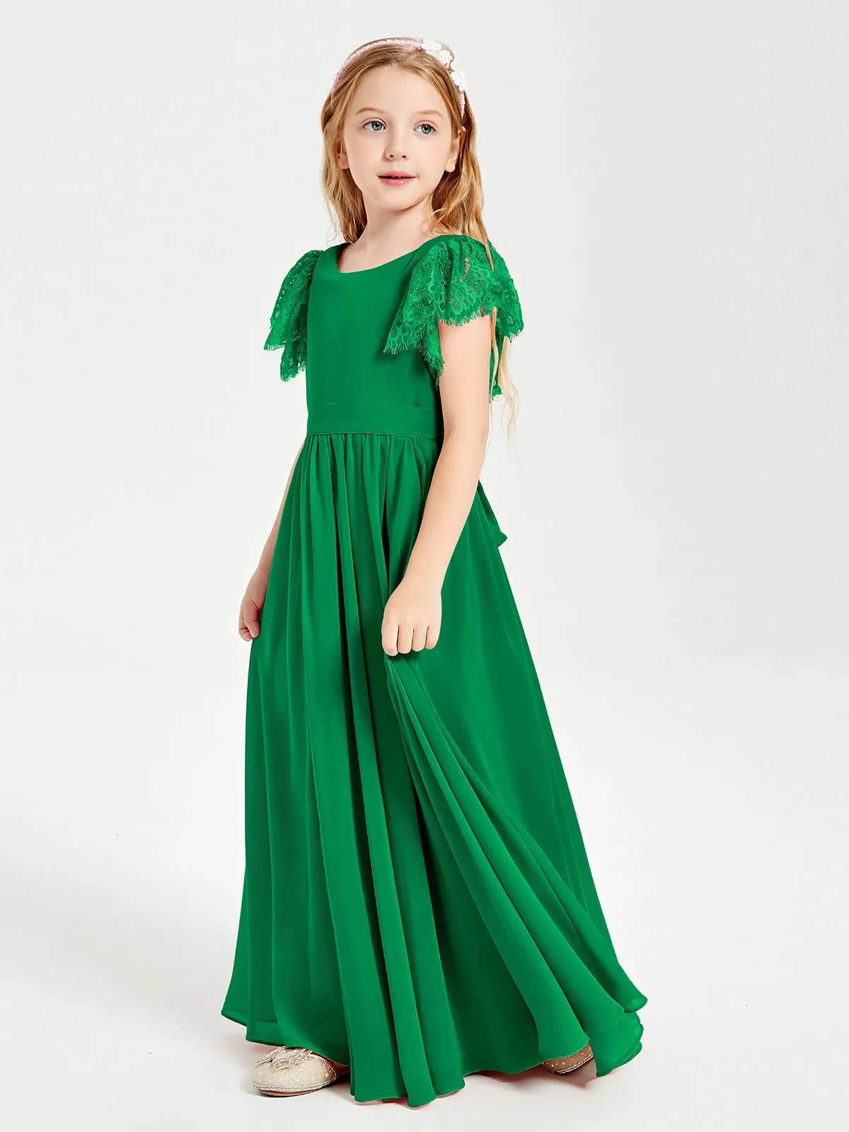 Chiffon Junior Bridesmaid Dresses Lace Flutter Sleeves Scoop Neck Emerald