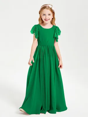 Chiffon Junior Bridesmaid Dresses Lace Flutter Sleeves Scoop Neck Emerald