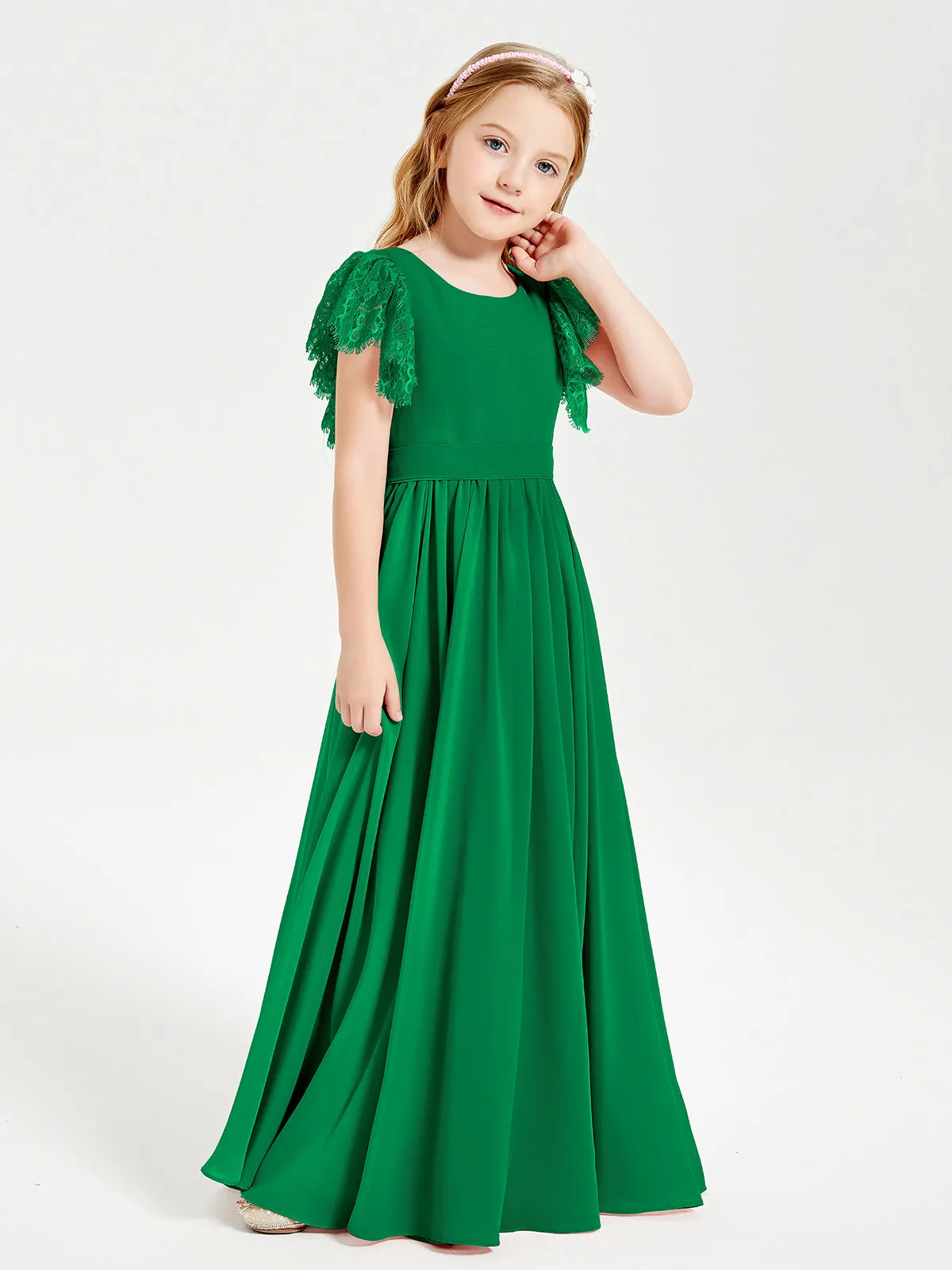 Chiffon Junior Bridesmaid Dresses Lace Flutter Sleeves Scoop Neck Emerald