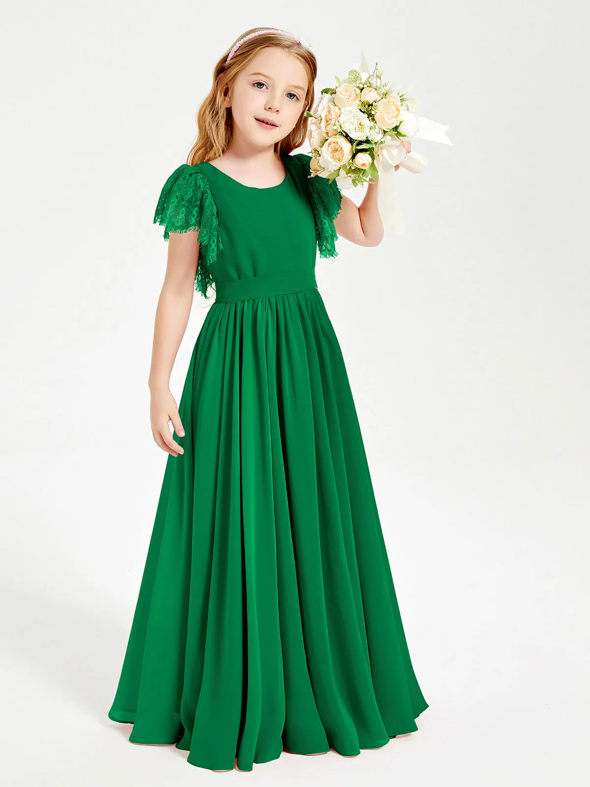 Chiffon Junior Bridesmaid Dresses Lace Flutter Sleeves Scoop Neck Emerald