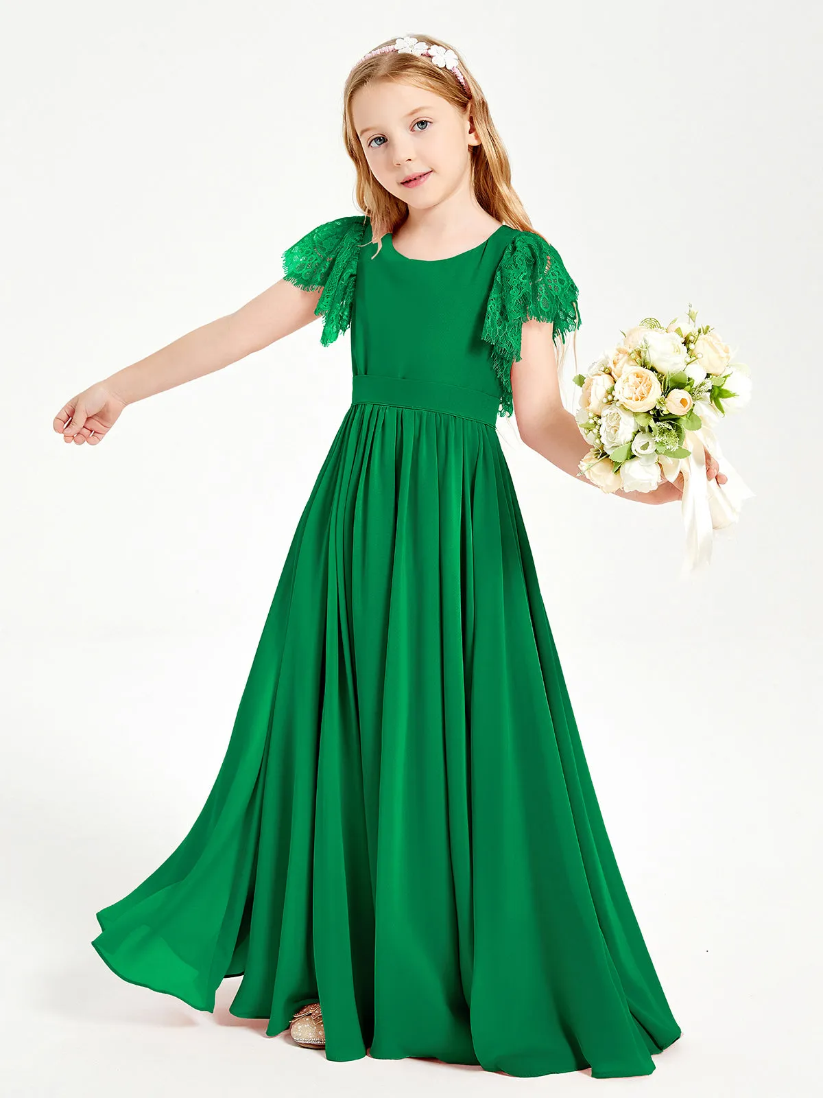 Chiffon Junior Bridesmaid Dresses Lace Flutter Sleeves Scoop Neck Emerald