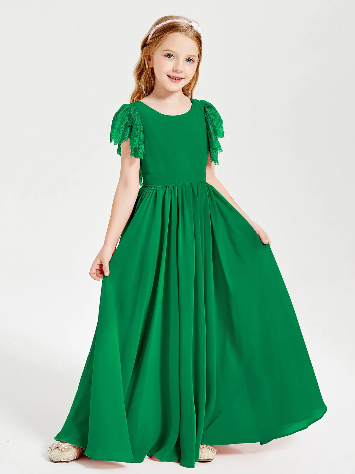 Chiffon Junior Bridesmaid Dresses Lace Flutter Sleeves Scoop Neck Emerald