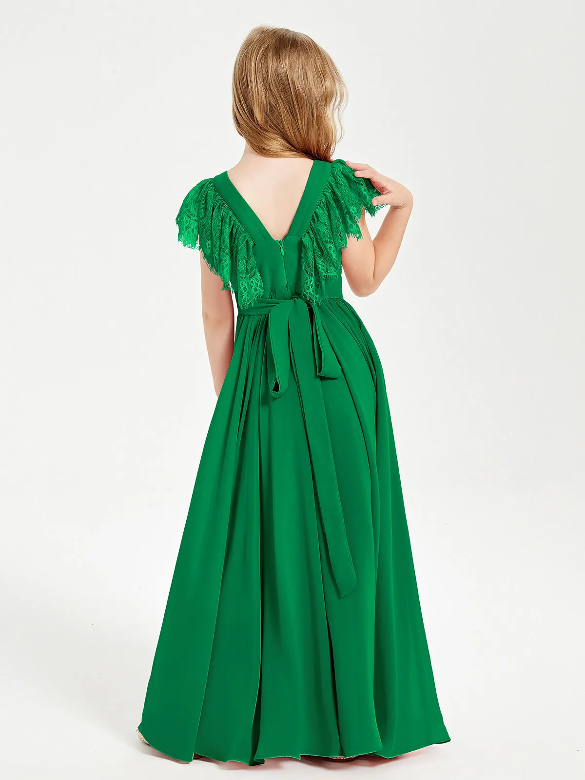 Chiffon Junior Bridesmaid Dresses Lace Flutter Sleeves Scoop Neck Emerald