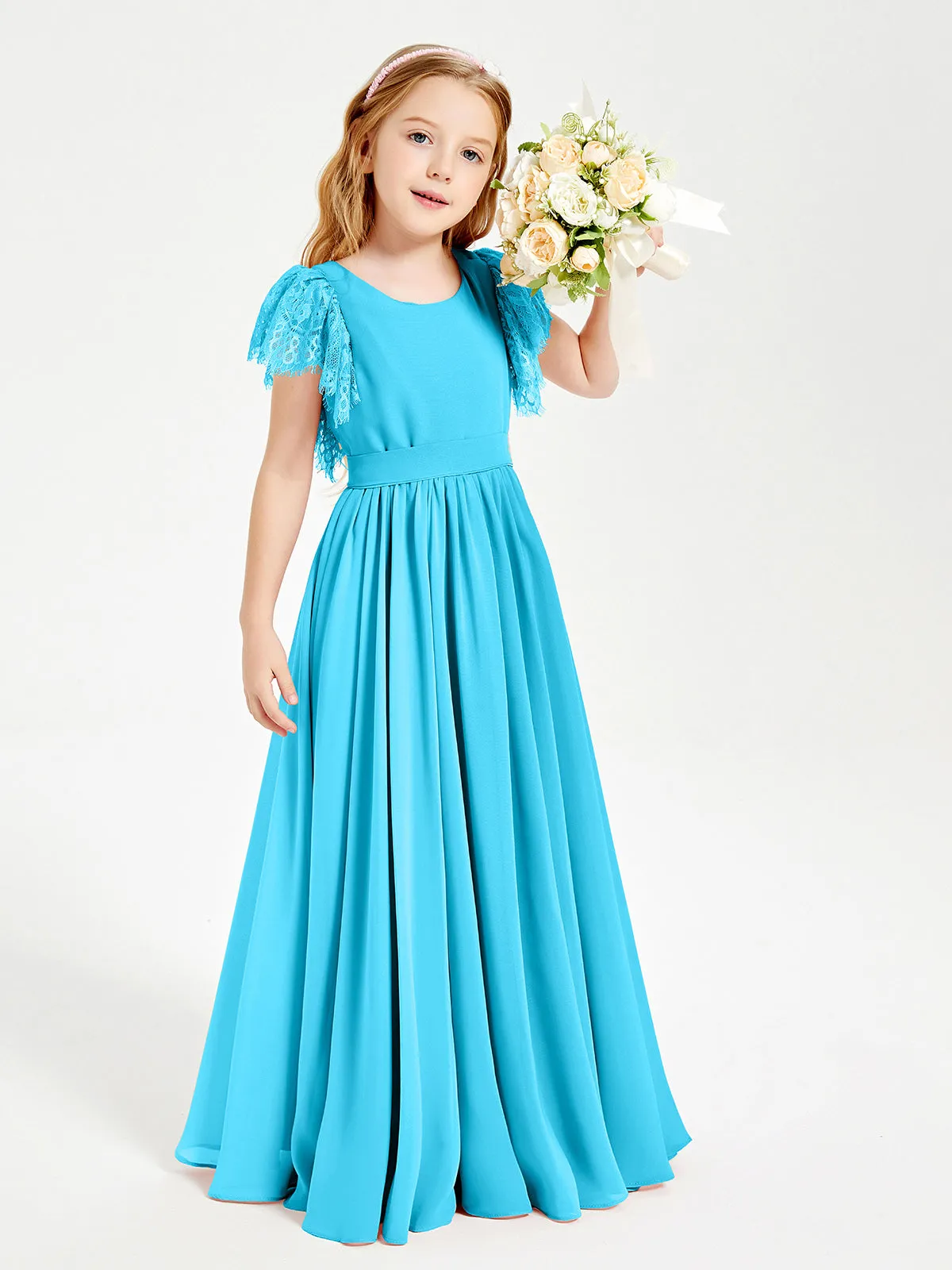 Chiffon Junior Bridesmaid Dresses Lace Flutter Sleeves Scoop Neck Pool