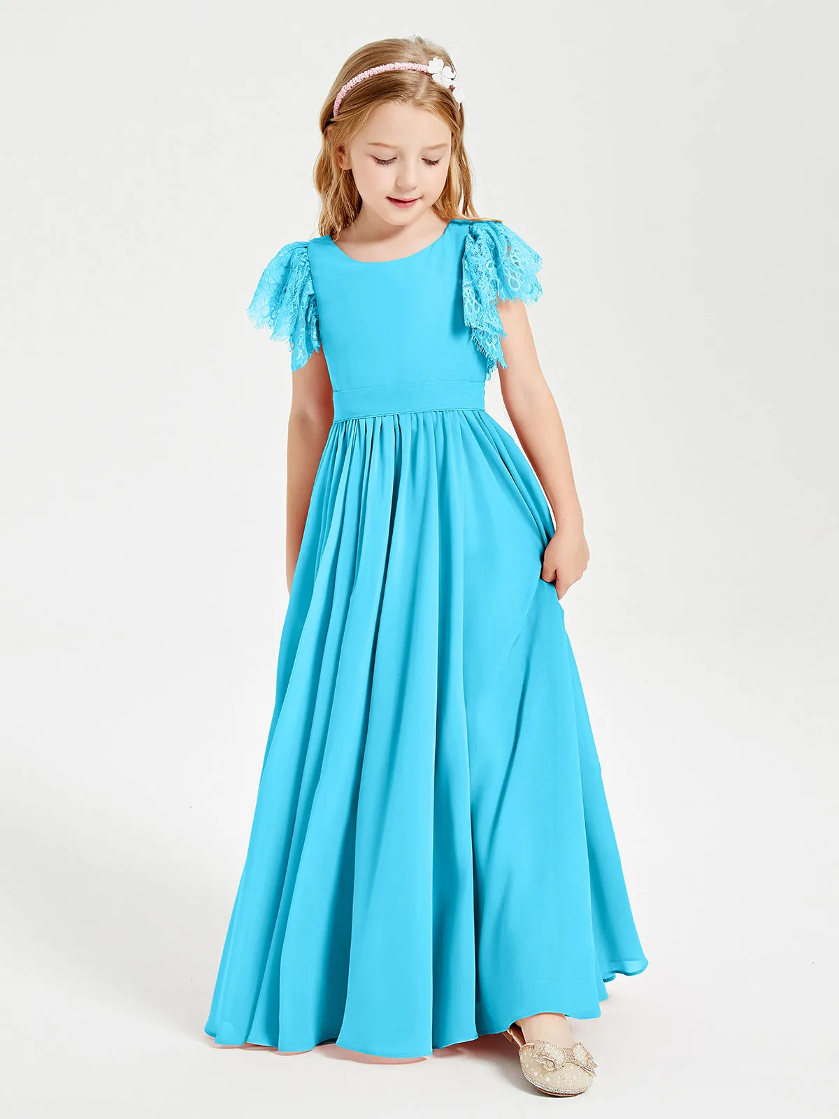 Chiffon Junior Bridesmaid Dresses Lace Flutter Sleeves Scoop Neck Pool