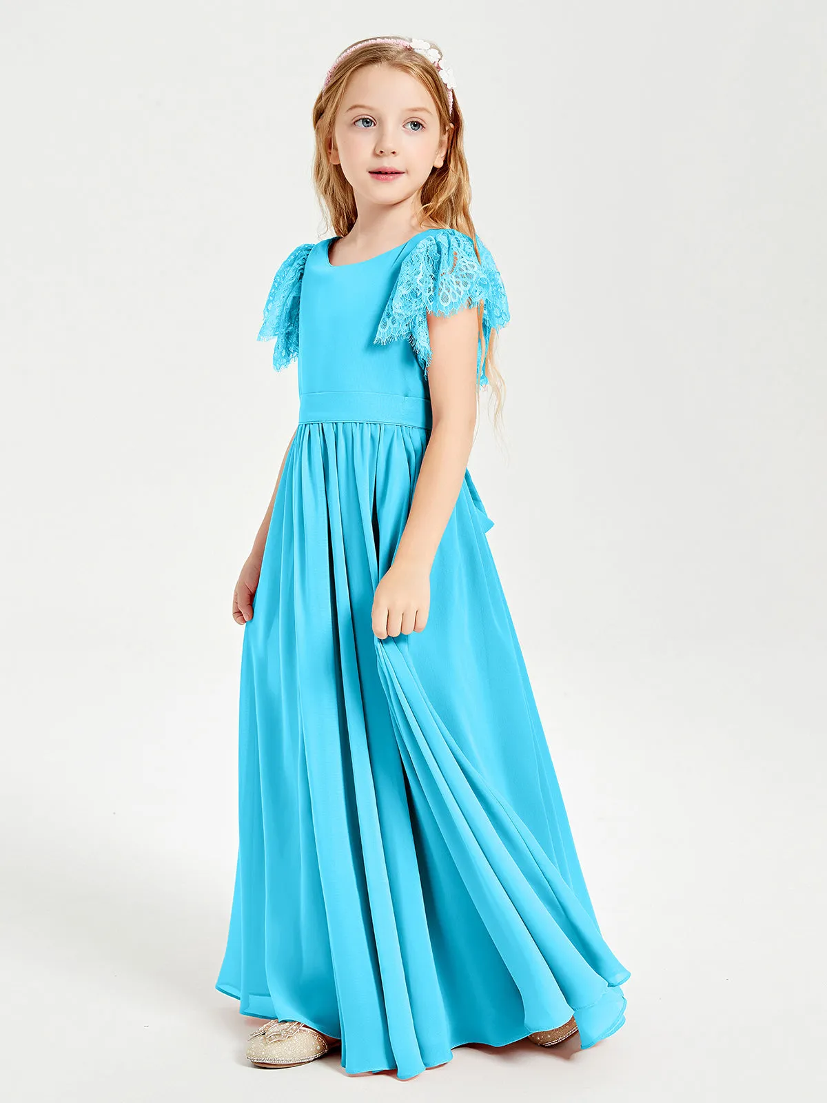 Chiffon Junior Bridesmaid Dresses Lace Flutter Sleeves Scoop Neck Pool