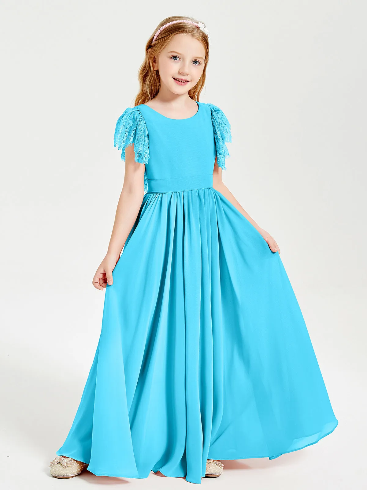 Chiffon Junior Bridesmaid Dresses Lace Flutter Sleeves Scoop Neck Pool