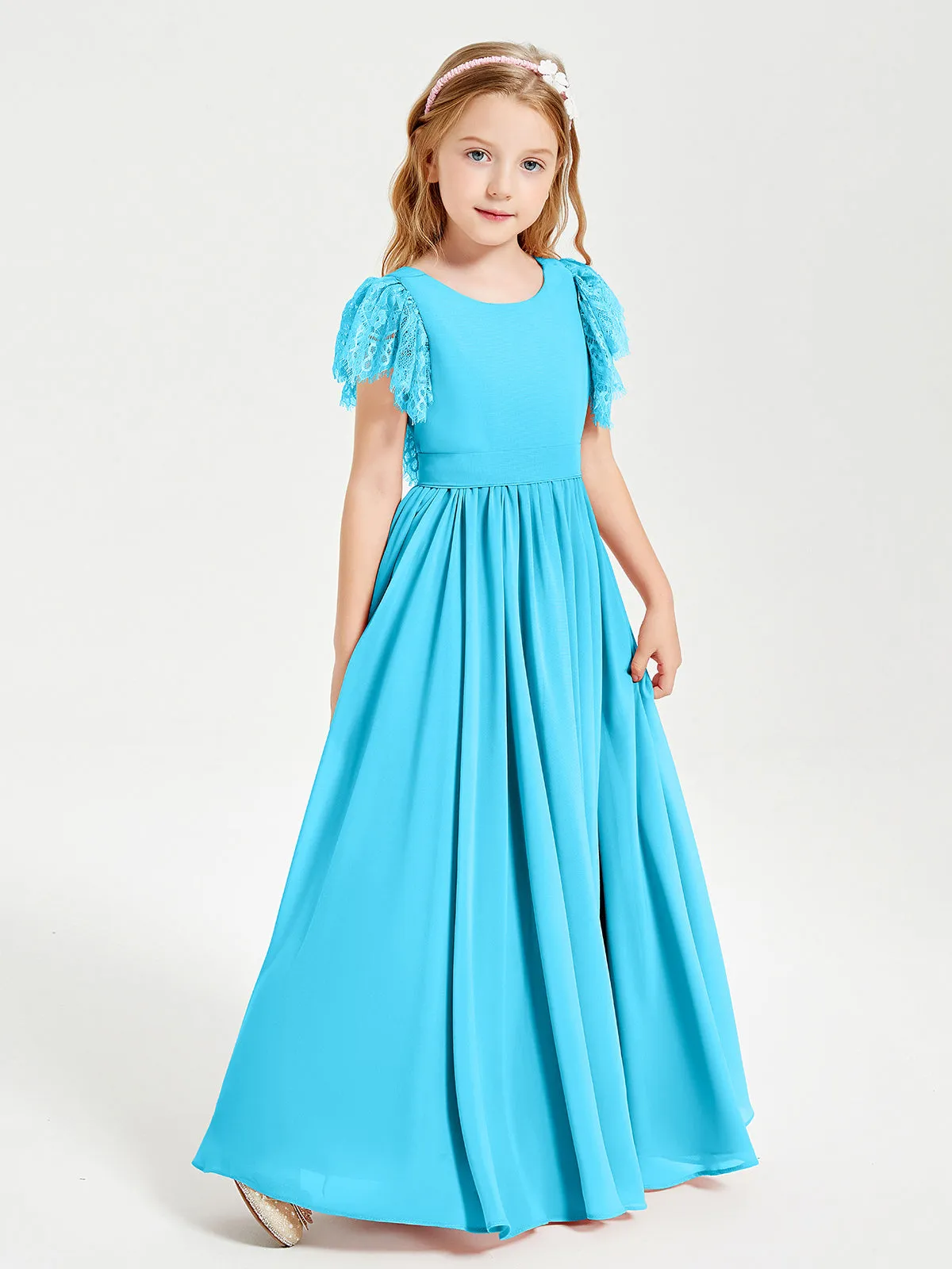 Chiffon Junior Bridesmaid Dresses Lace Flutter Sleeves Scoop Neck Pool