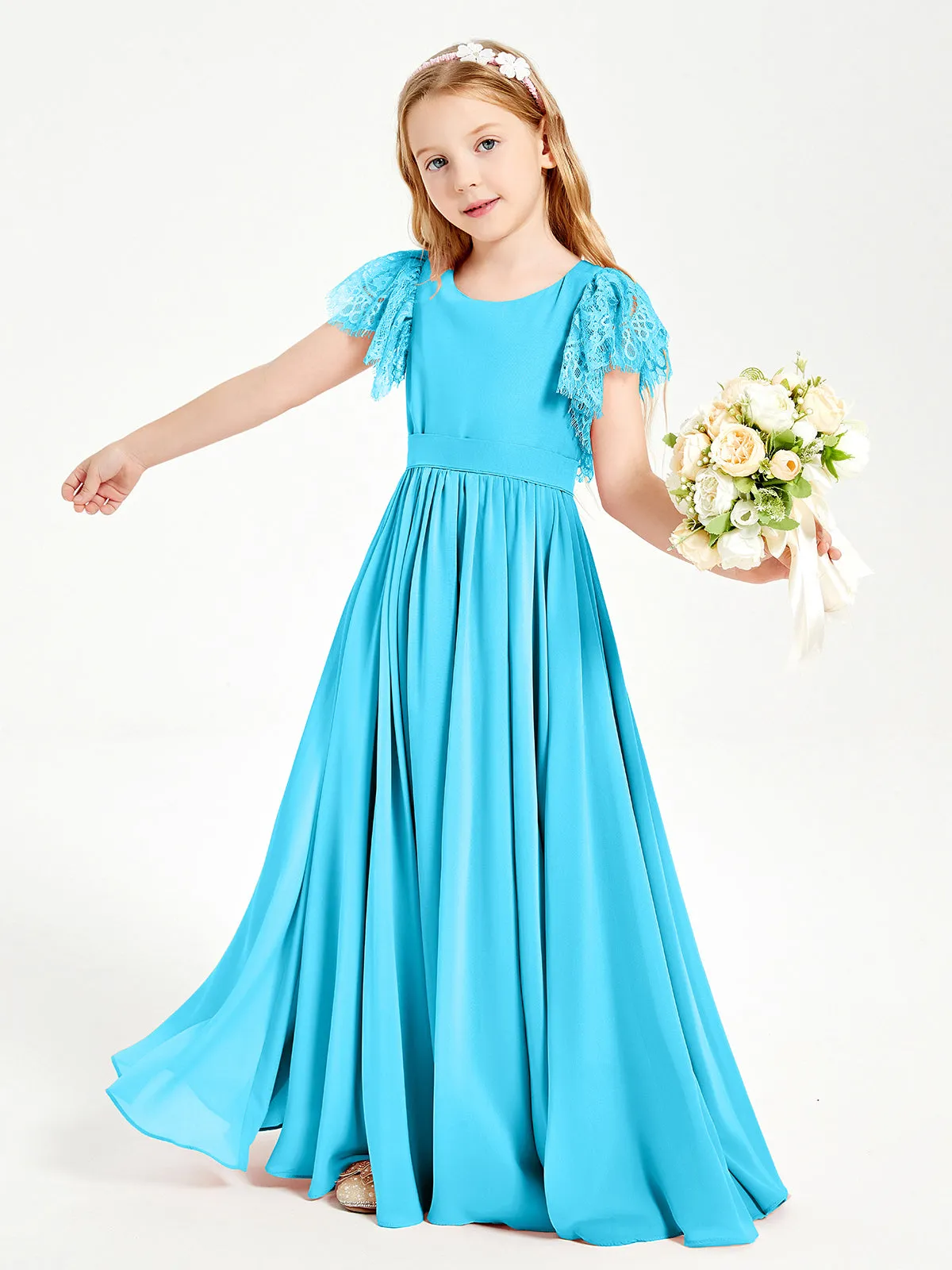 Chiffon Junior Bridesmaid Dresses Lace Flutter Sleeves Scoop Neck Pool