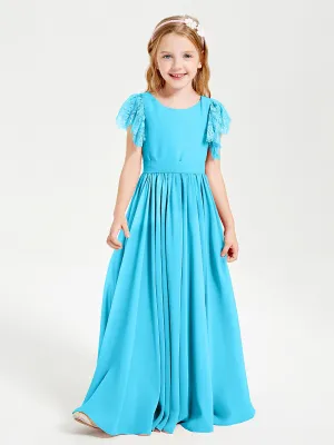 Chiffon Junior Bridesmaid Dresses Lace Flutter Sleeves Scoop Neck Pool