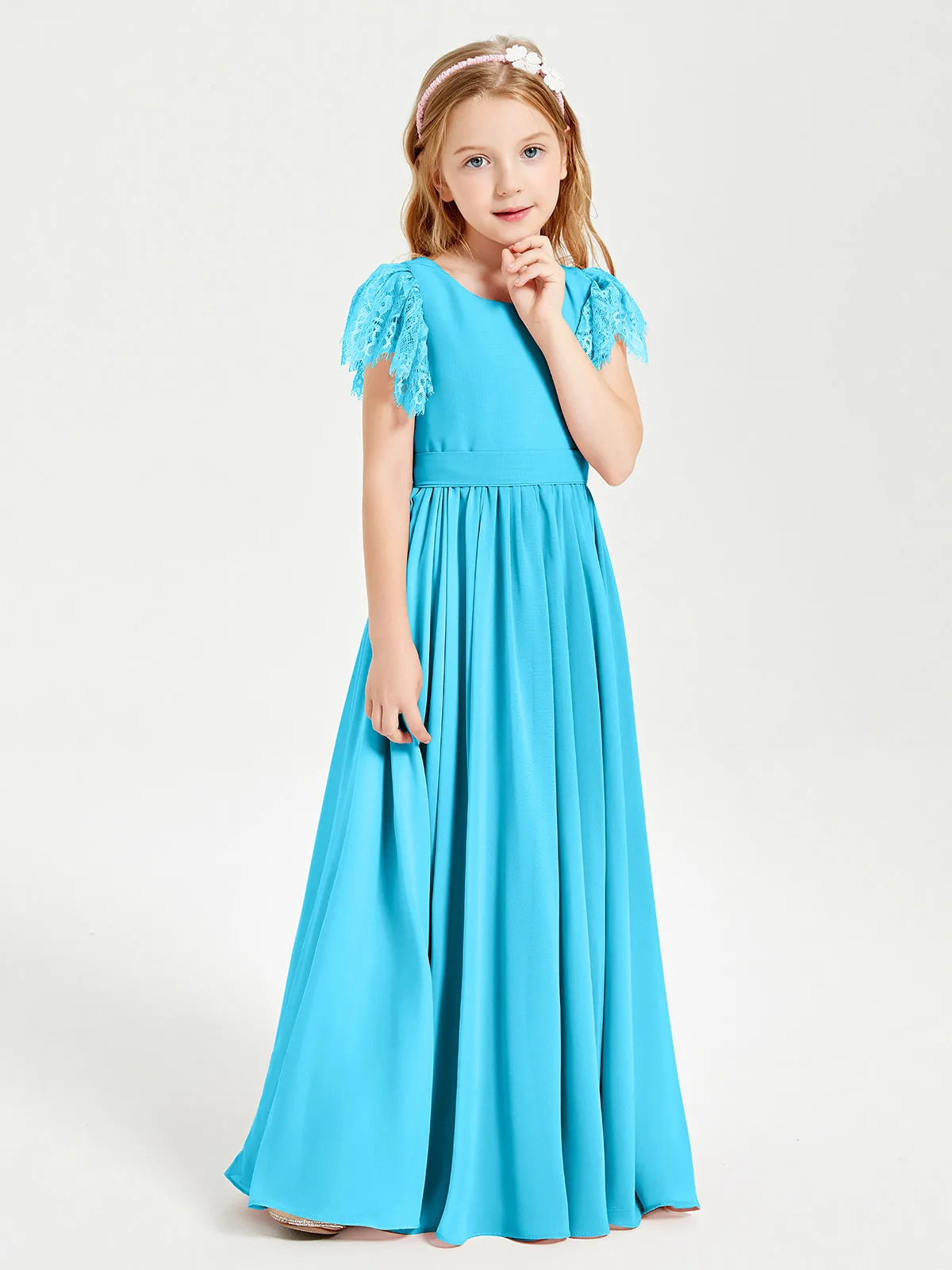 Chiffon Junior Bridesmaid Dresses Lace Flutter Sleeves Scoop Neck Pool