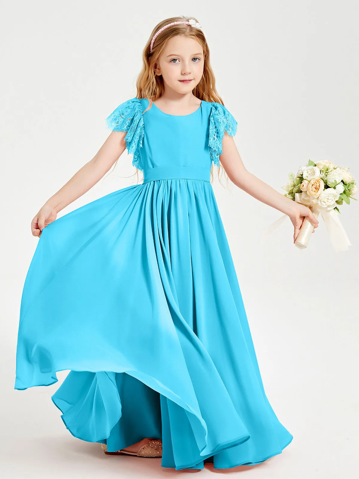 Chiffon Junior Bridesmaid Dresses Lace Flutter Sleeves Scoop Neck Pool