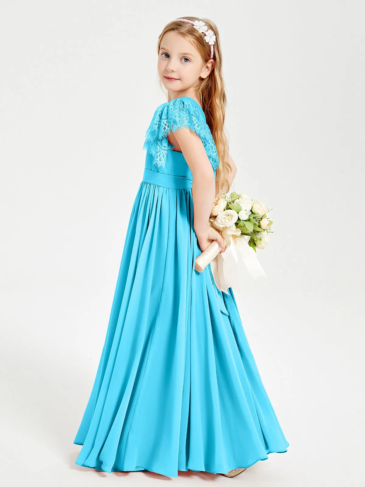 Chiffon Junior Bridesmaid Dresses Lace Flutter Sleeves Scoop Neck Pool