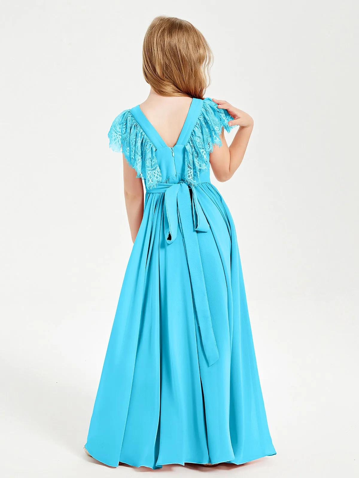 Chiffon Junior Bridesmaid Dresses Lace Flutter Sleeves Scoop Neck Pool