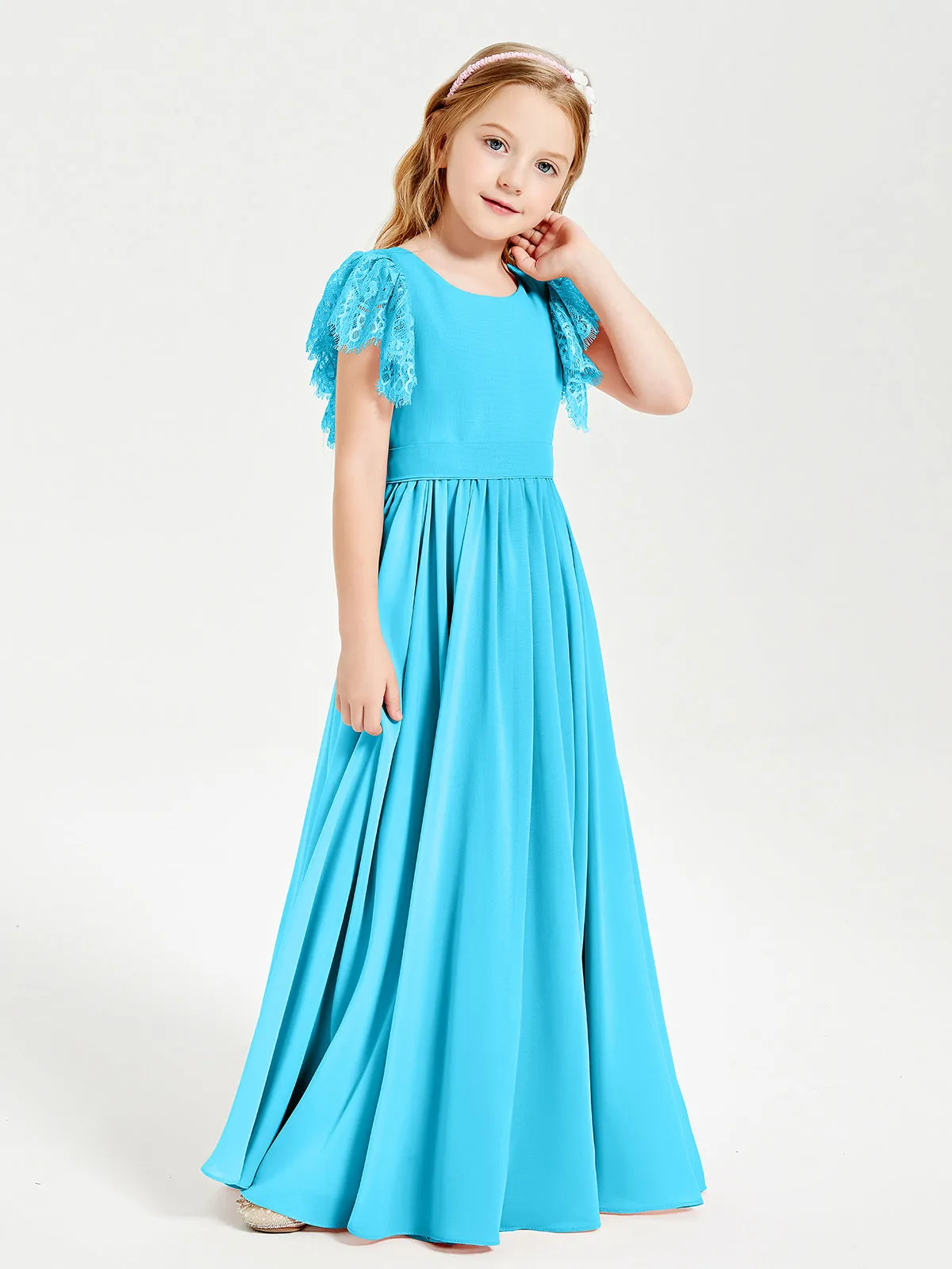 Chiffon Junior Bridesmaid Dresses Lace Flutter Sleeves Scoop Neck Pool