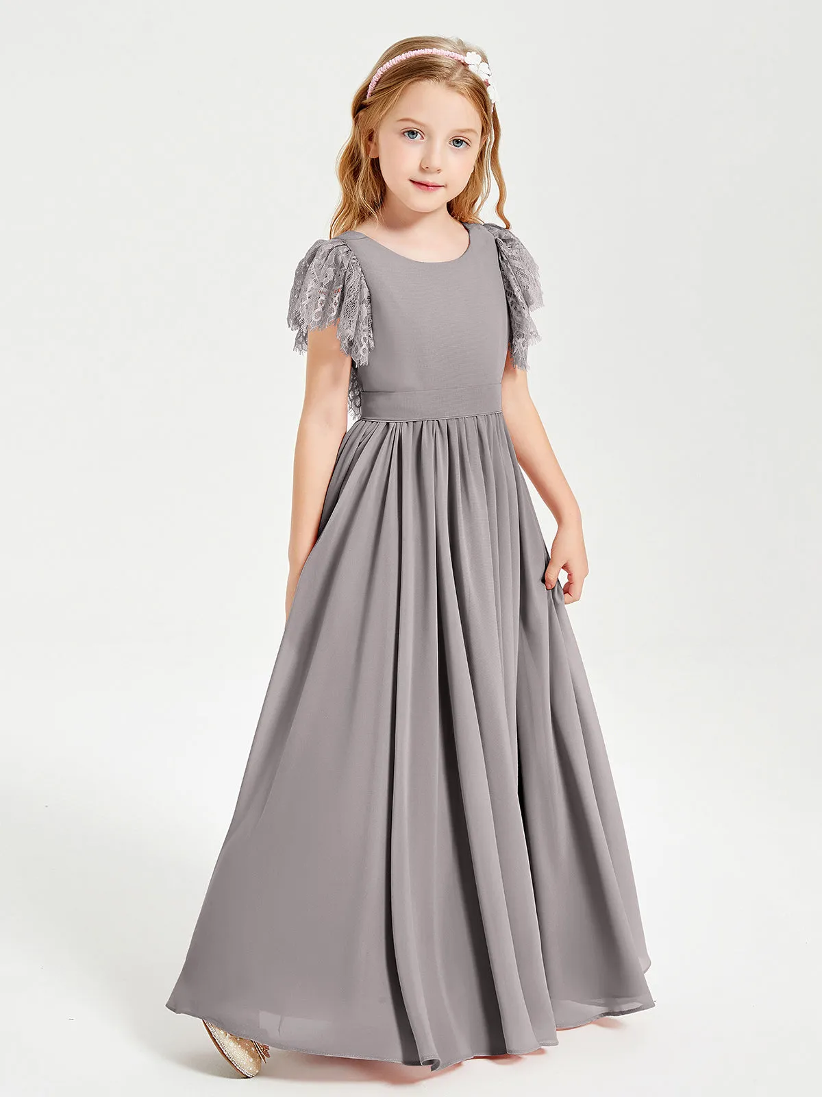 Chiffon Junior Bridesmaid Dresses Lace Flutter Sleeves Scoop Neck Silver