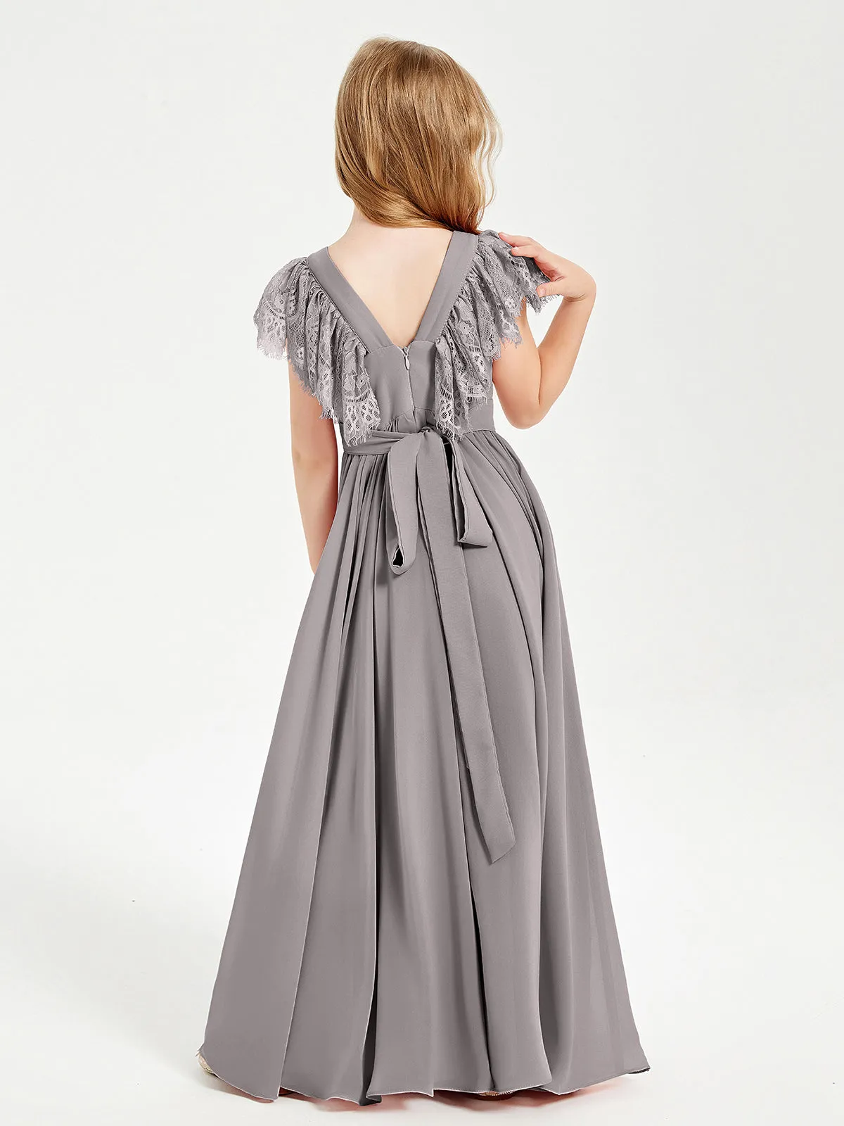 Chiffon Junior Bridesmaid Dresses Lace Flutter Sleeves Scoop Neck Silver