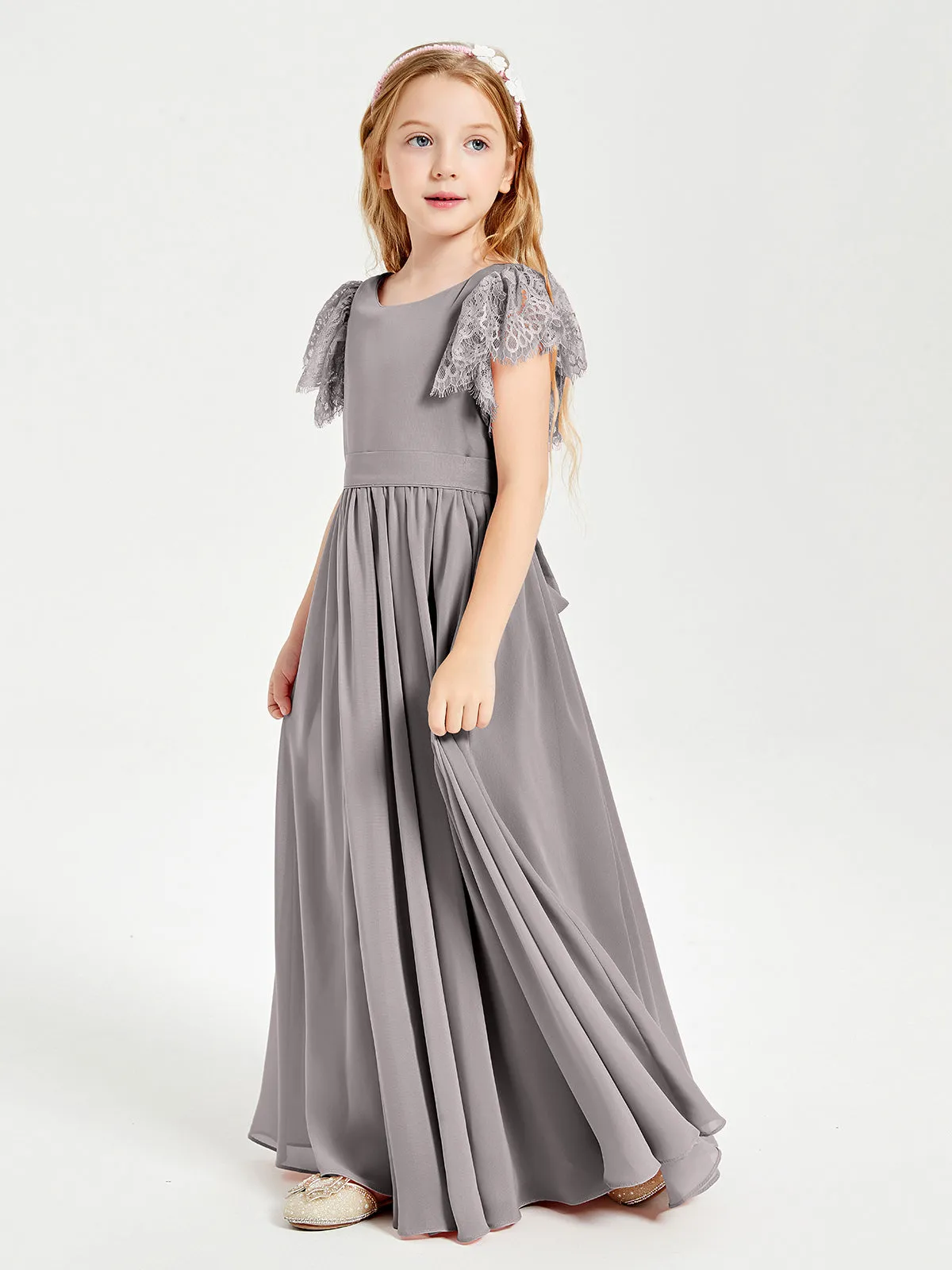 Chiffon Junior Bridesmaid Dresses Lace Flutter Sleeves Scoop Neck Silver