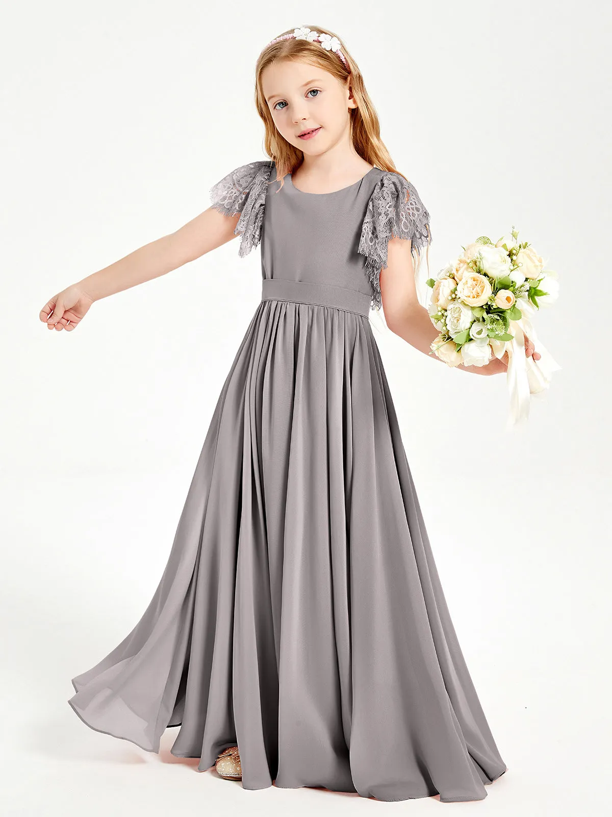 Chiffon Junior Bridesmaid Dresses Lace Flutter Sleeves Scoop Neck Silver