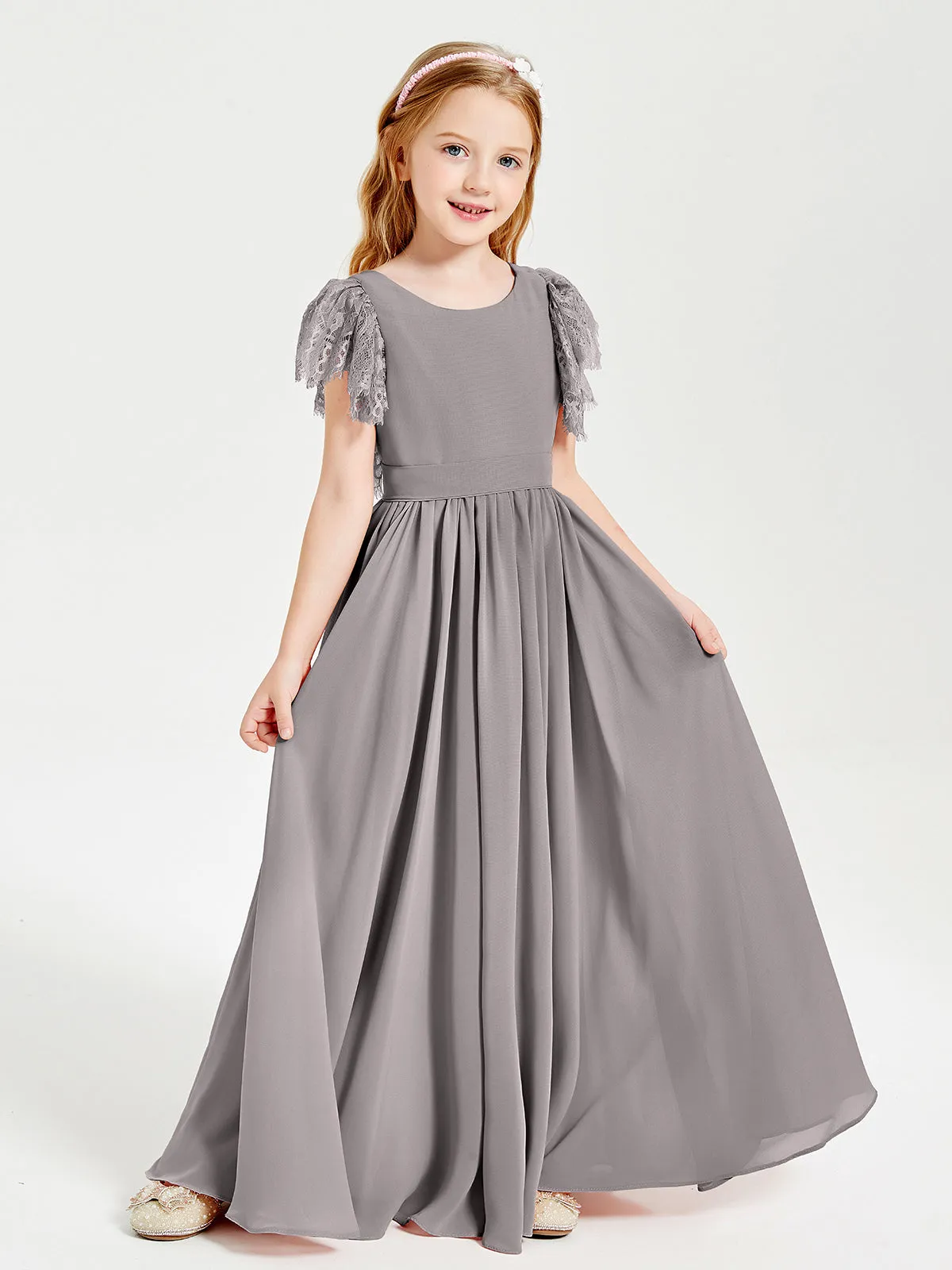 Chiffon Junior Bridesmaid Dresses Lace Flutter Sleeves Scoop Neck Silver