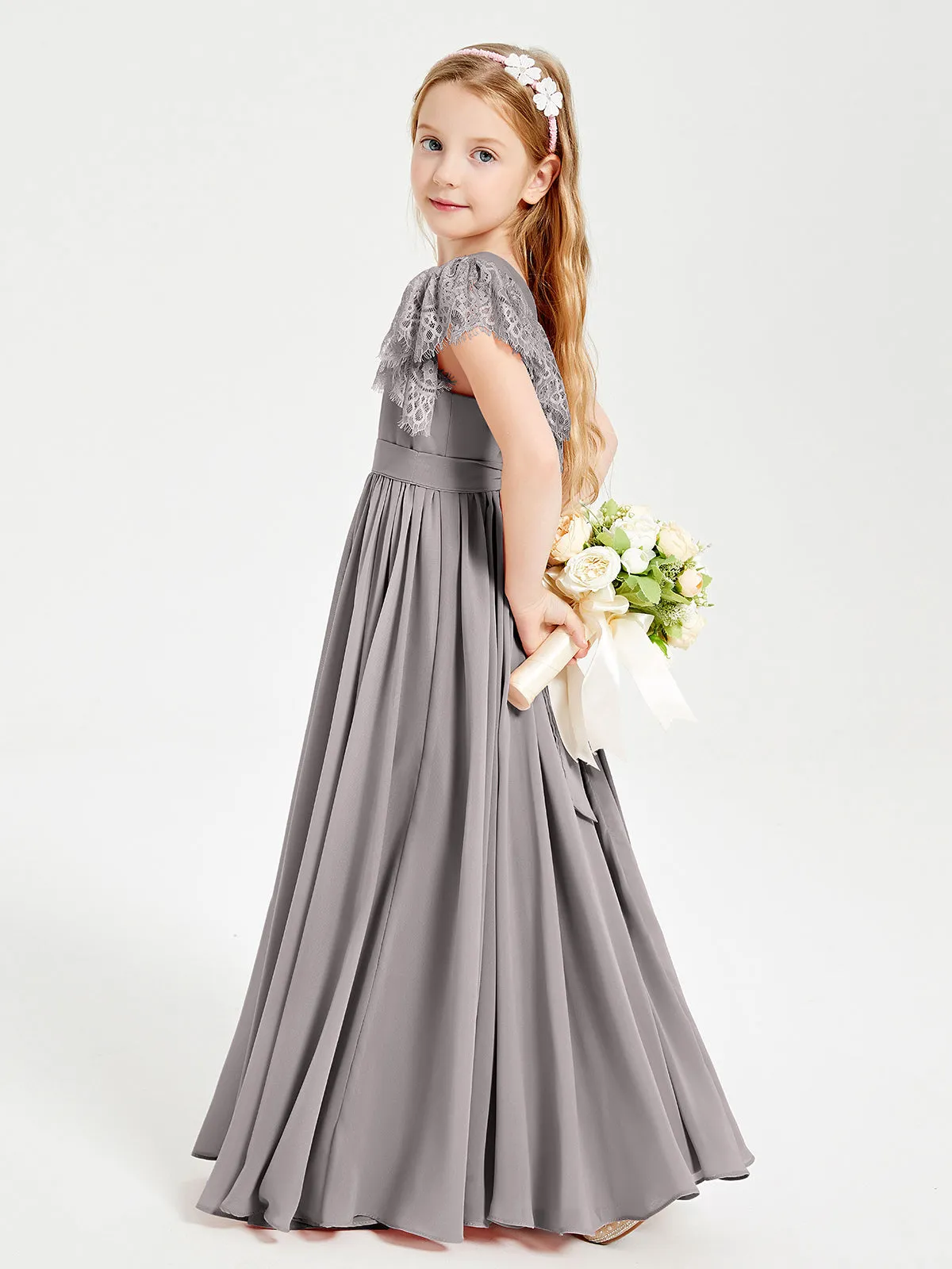 Chiffon Junior Bridesmaid Dresses Lace Flutter Sleeves Scoop Neck Silver