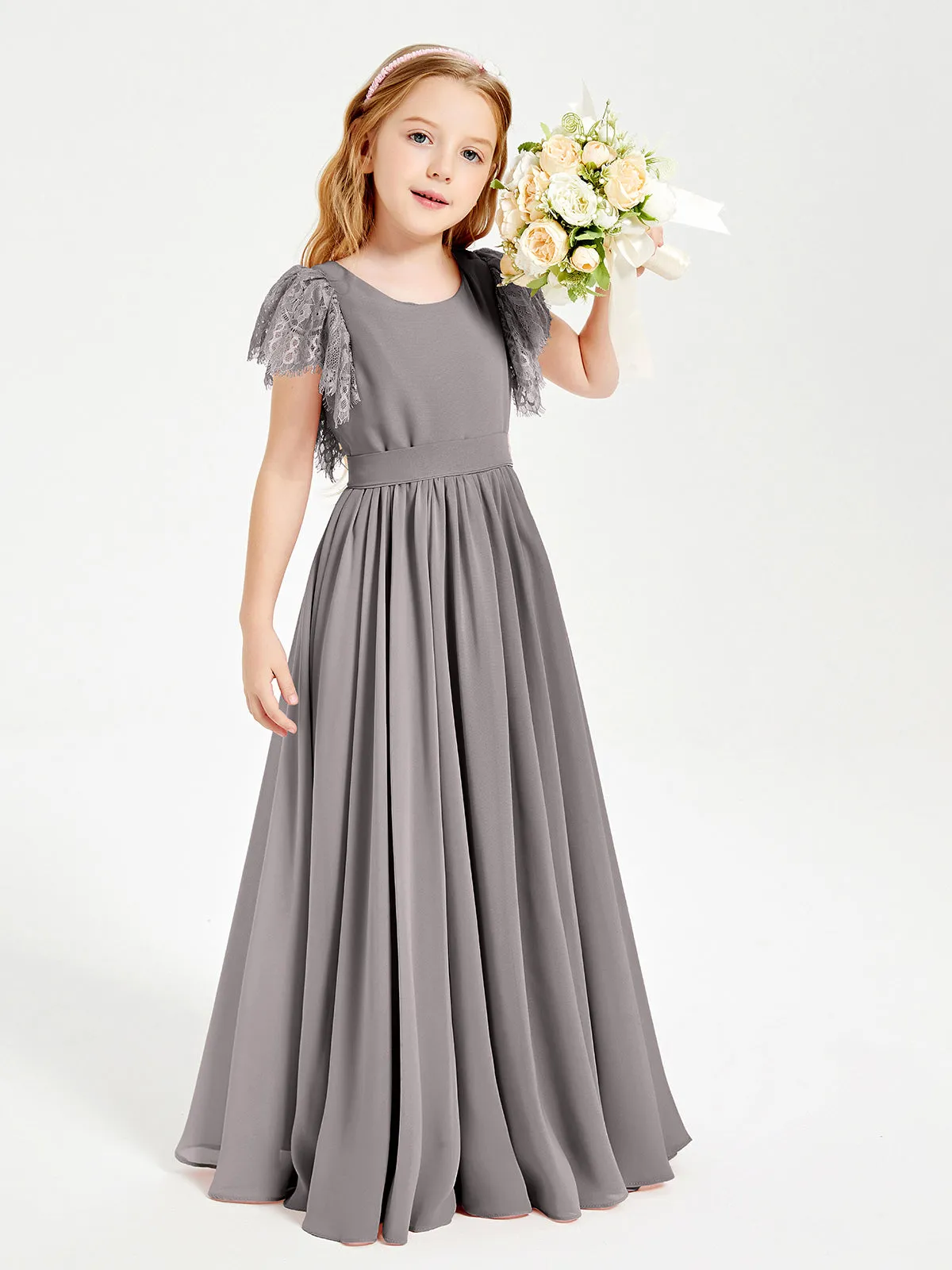 Chiffon Junior Bridesmaid Dresses Lace Flutter Sleeves Scoop Neck Silver