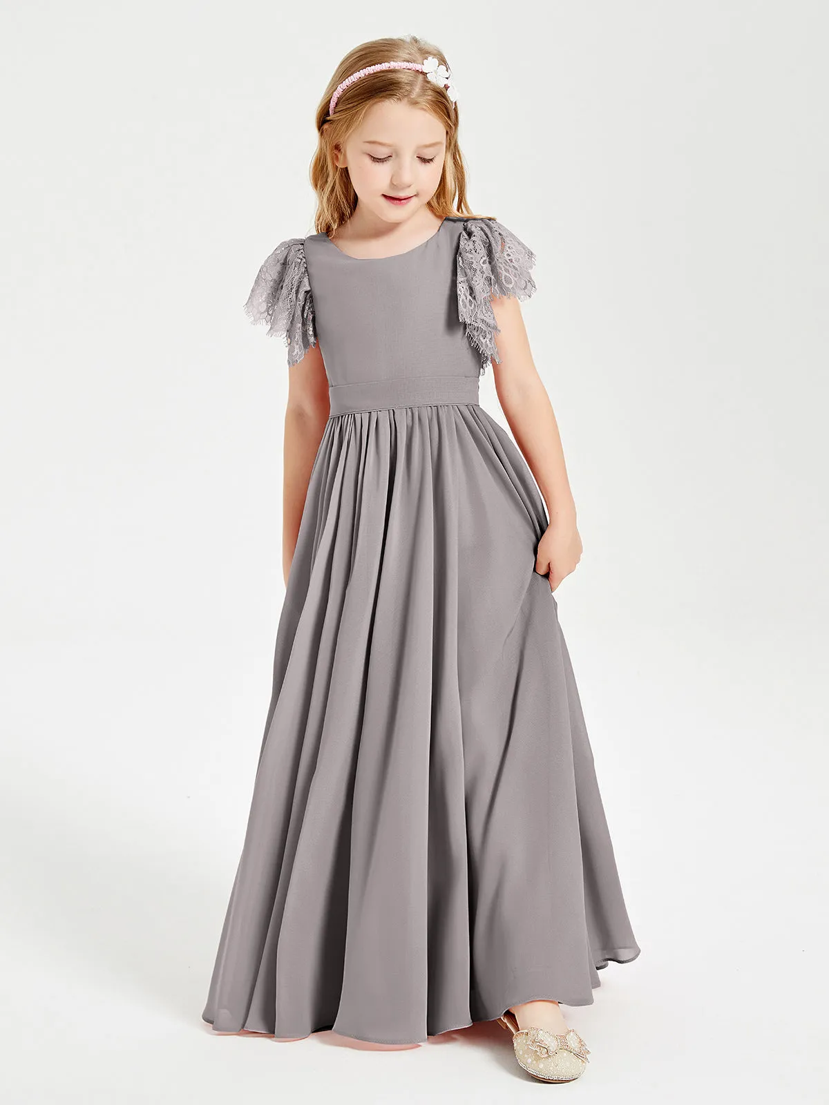 Chiffon Junior Bridesmaid Dresses Lace Flutter Sleeves Scoop Neck Silver