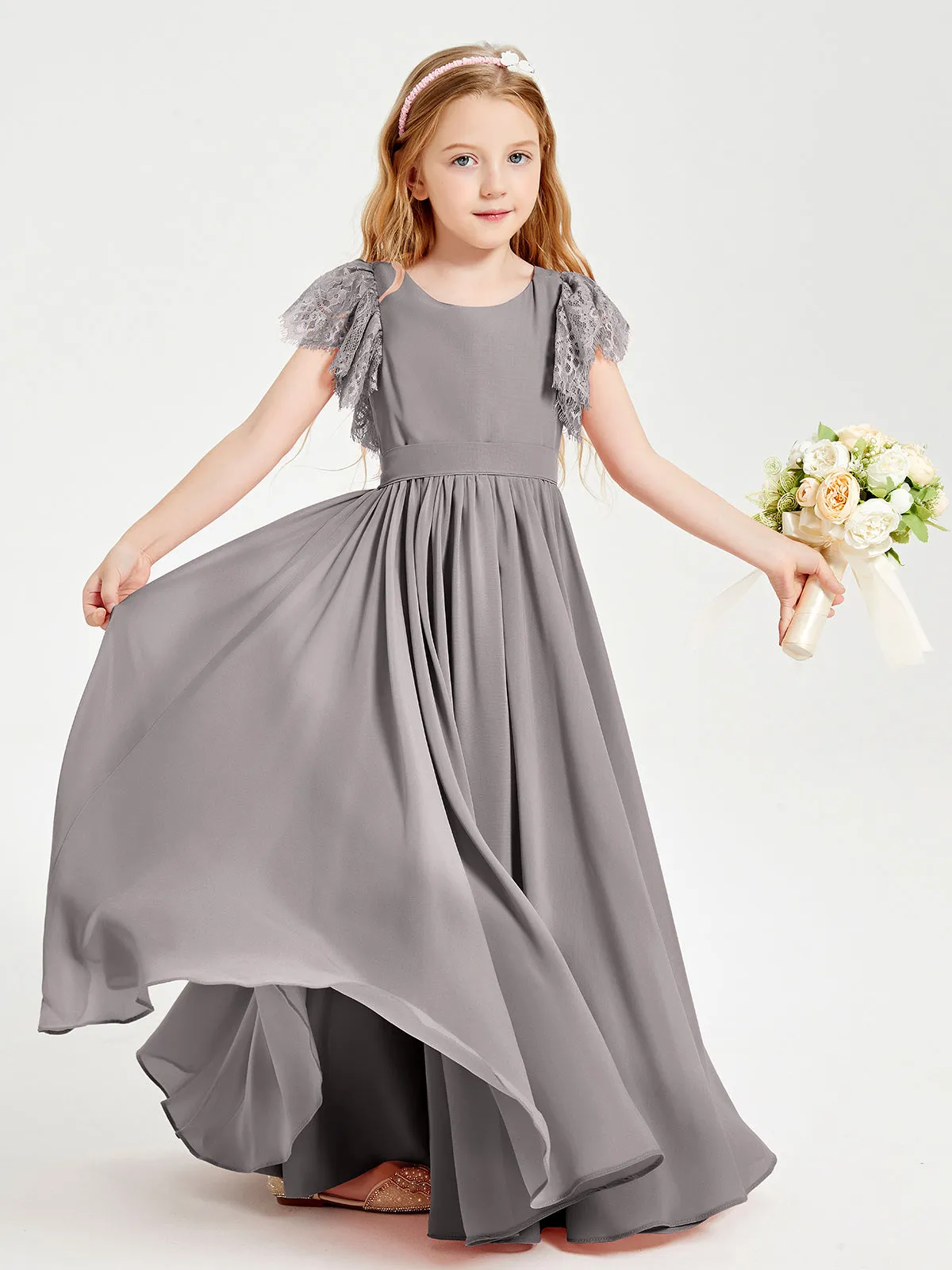 Chiffon Junior Bridesmaid Dresses Lace Flutter Sleeves Scoop Neck Silver