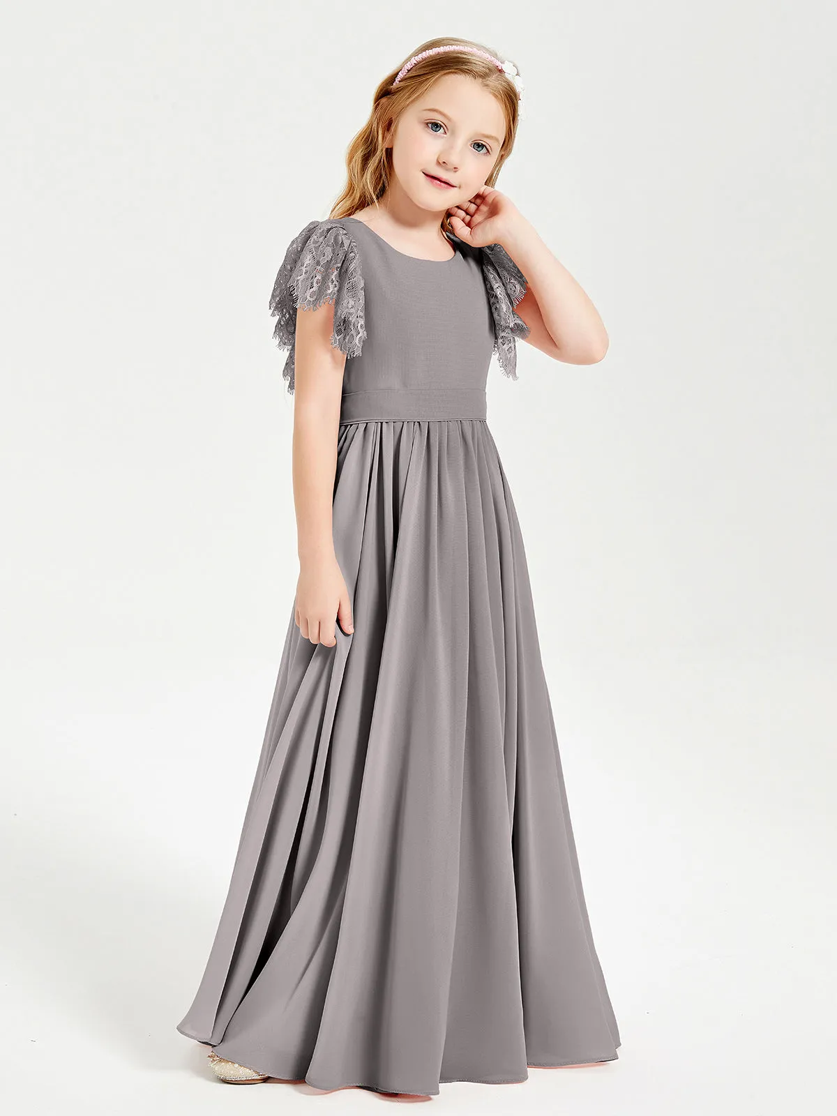 Chiffon Junior Bridesmaid Dresses Lace Flutter Sleeves Scoop Neck Silver