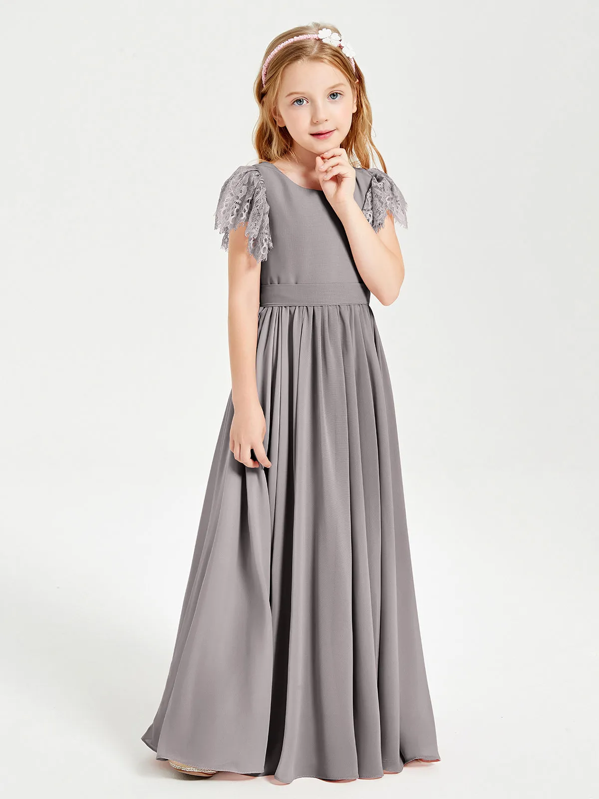 Chiffon Junior Bridesmaid Dresses Lace Flutter Sleeves Scoop Neck Silver