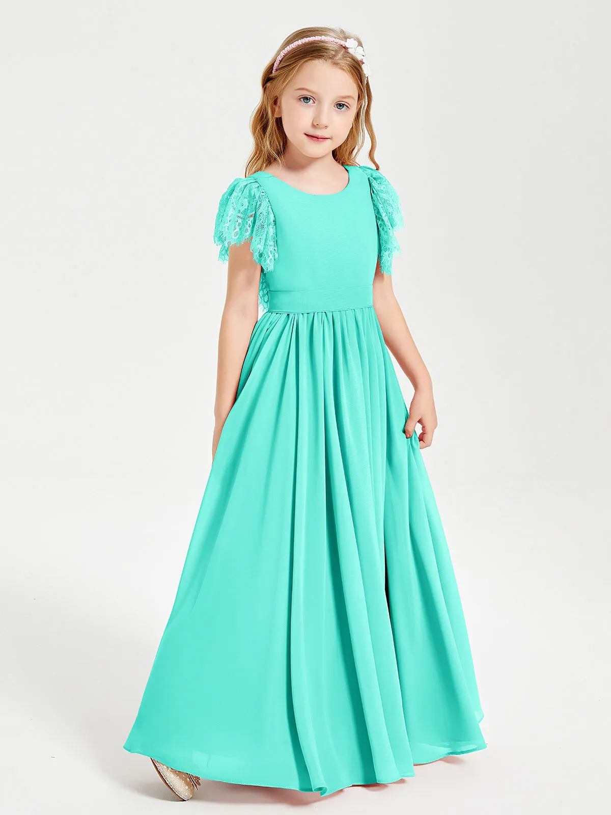 Chiffon Junior Bridesmaid Dresses Lace Flutter Sleeves Scoop Neck Spa