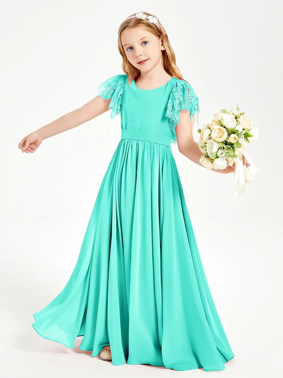 Chiffon Junior Bridesmaid Dresses Lace Flutter Sleeves Scoop Neck Spa