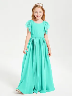 Chiffon Junior Bridesmaid Dresses Lace Flutter Sleeves Scoop Neck Spa