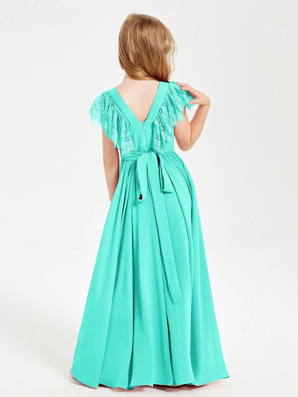 Chiffon Junior Bridesmaid Dresses Lace Flutter Sleeves Scoop Neck Spa