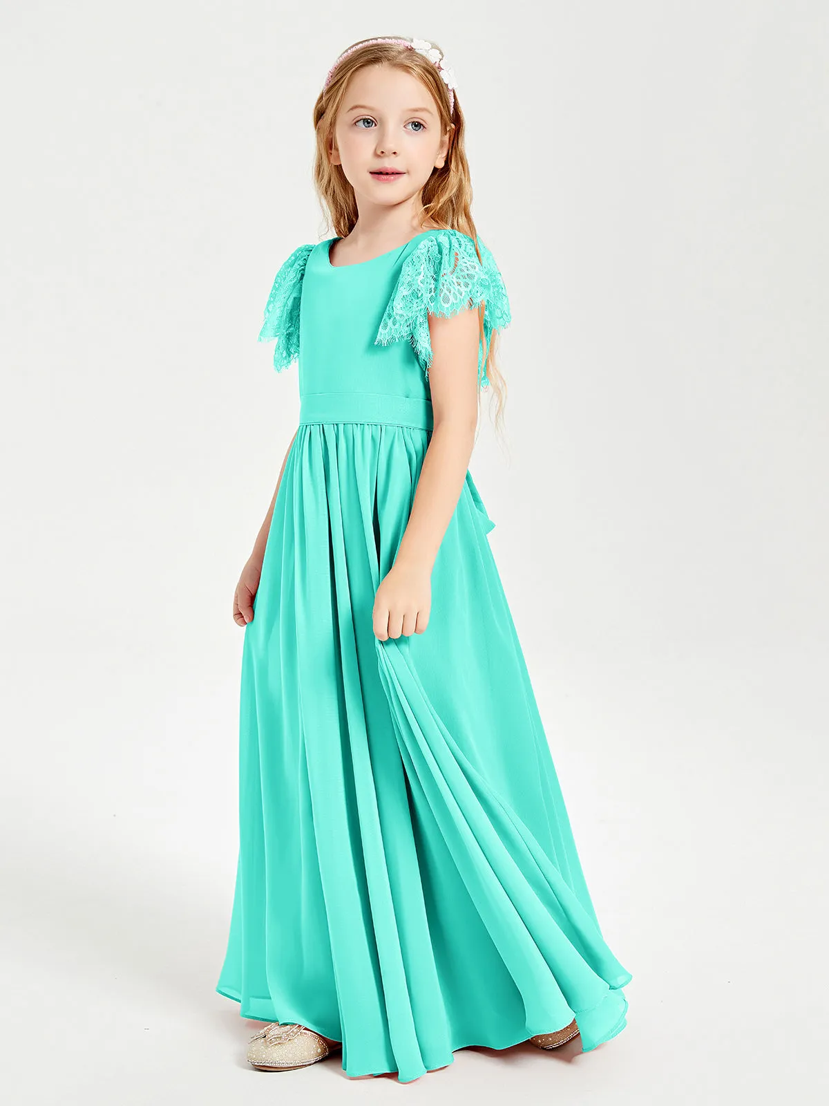 Chiffon Junior Bridesmaid Dresses Lace Flutter Sleeves Scoop Neck Spa