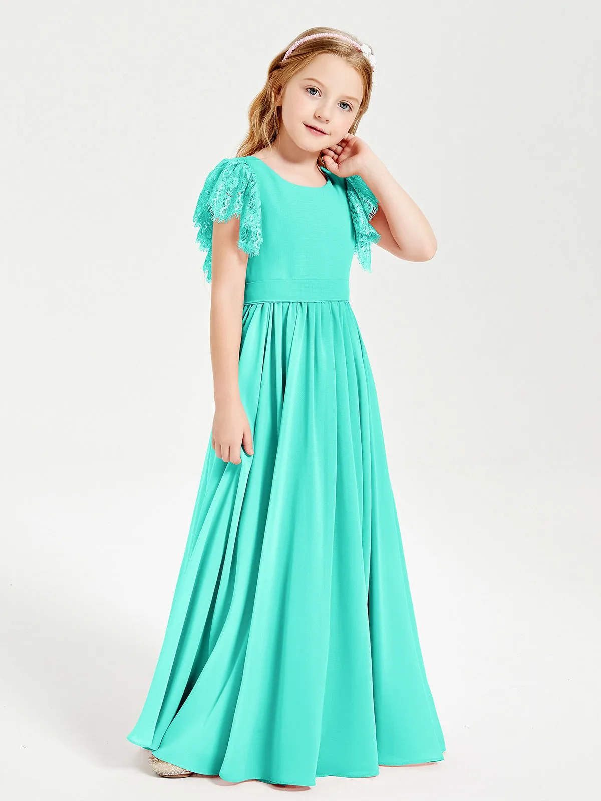 Chiffon Junior Bridesmaid Dresses Lace Flutter Sleeves Scoop Neck Spa