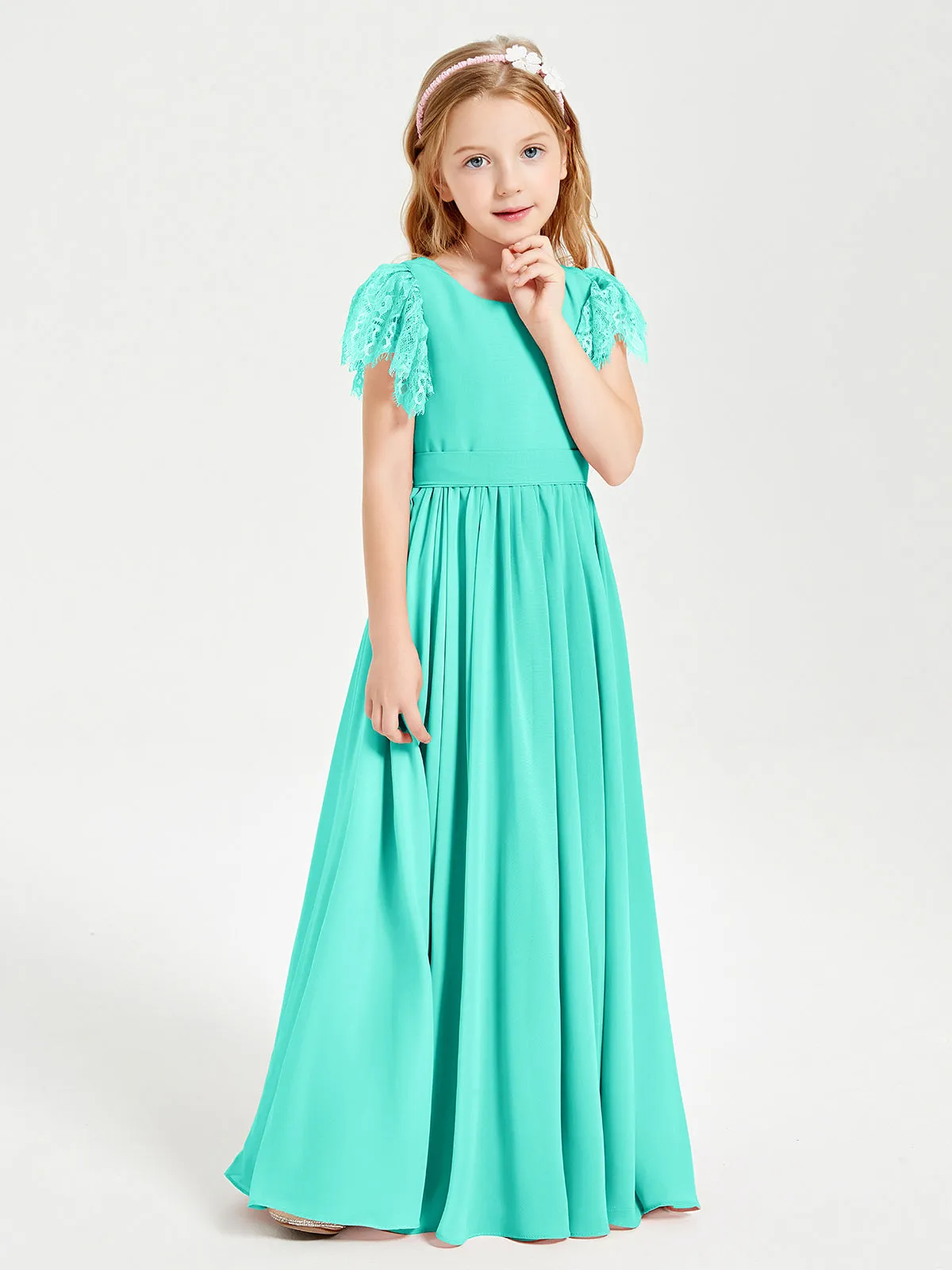 Chiffon Junior Bridesmaid Dresses Lace Flutter Sleeves Scoop Neck Spa