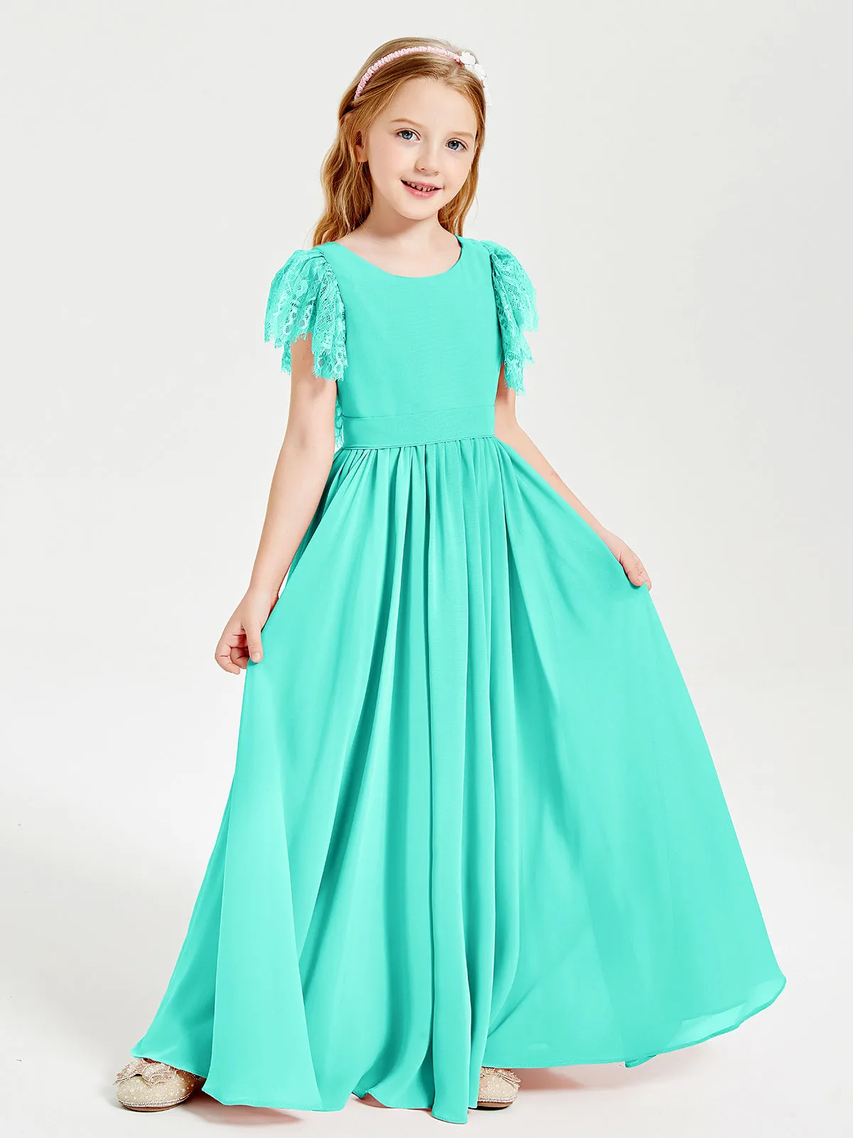 Chiffon Junior Bridesmaid Dresses Lace Flutter Sleeves Scoop Neck Spa