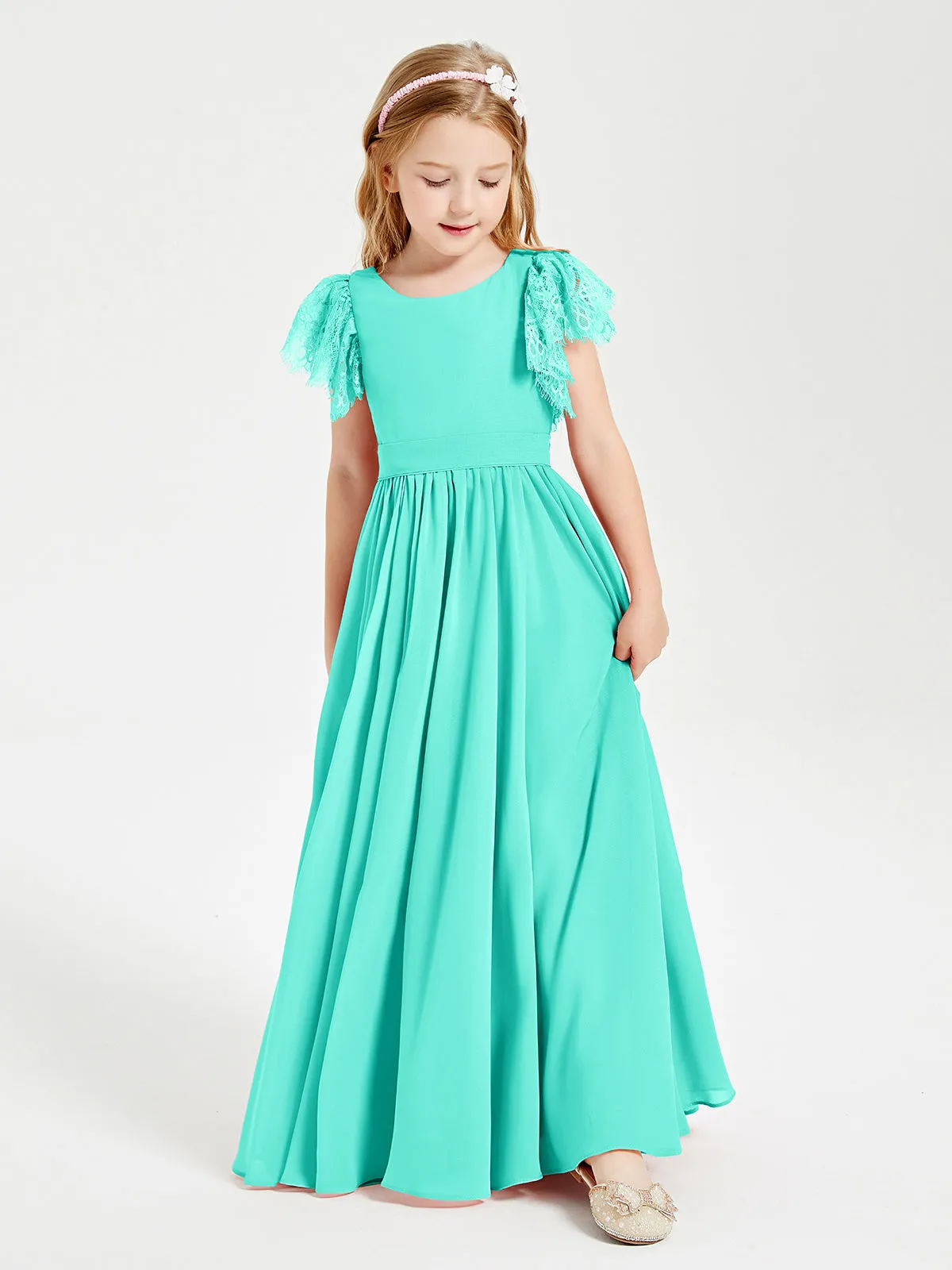 Chiffon Junior Bridesmaid Dresses Lace Flutter Sleeves Scoop Neck Spa