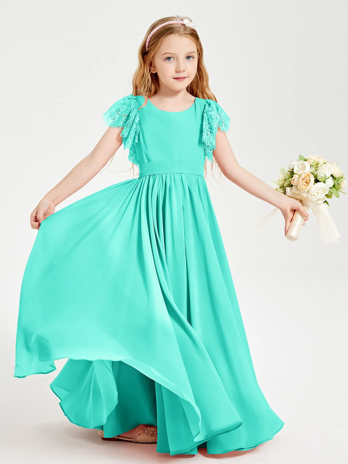 Chiffon Junior Bridesmaid Dresses Lace Flutter Sleeves Scoop Neck Spa