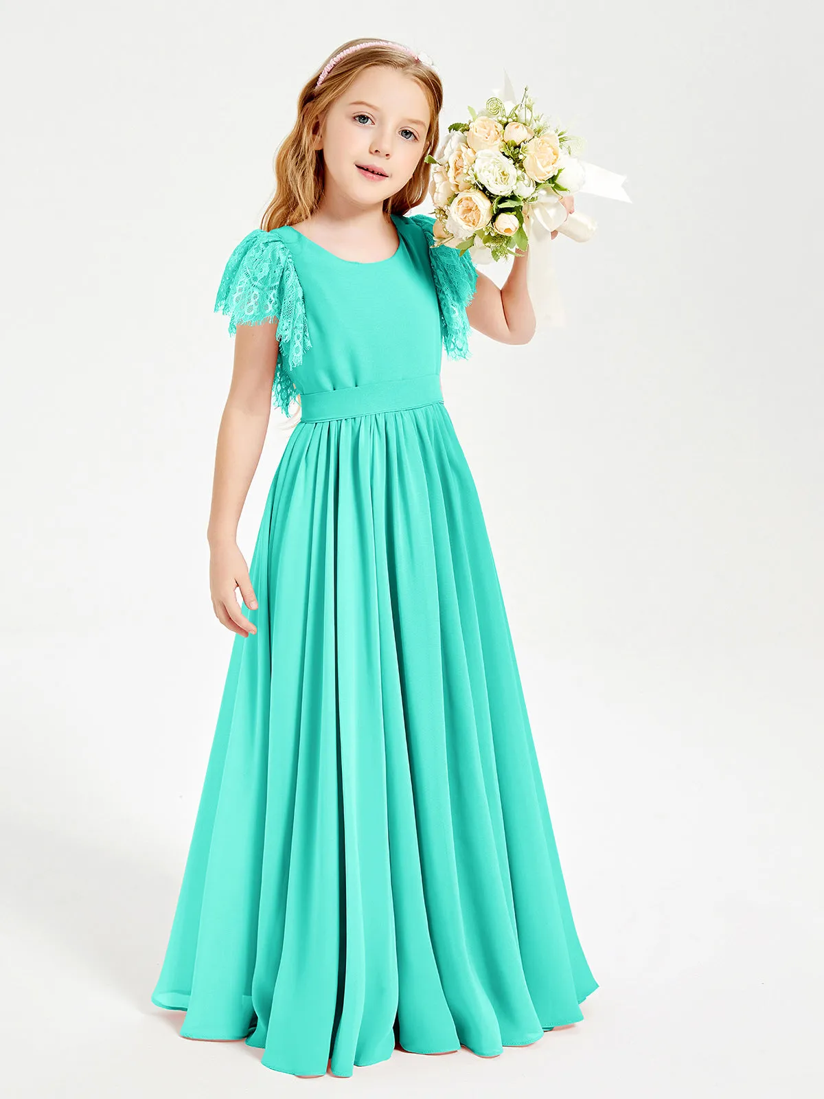 Chiffon Junior Bridesmaid Dresses Lace Flutter Sleeves Scoop Neck Spa