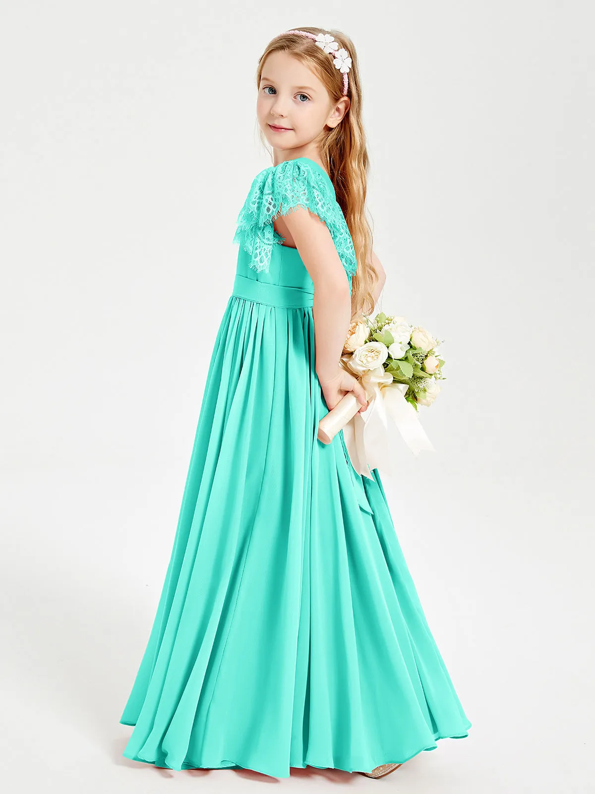 Chiffon Junior Bridesmaid Dresses Lace Flutter Sleeves Scoop Neck Spa