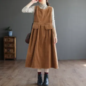 Corduroy Midi Dress, Artistic Plus-Size Sleeveless Vest Dress