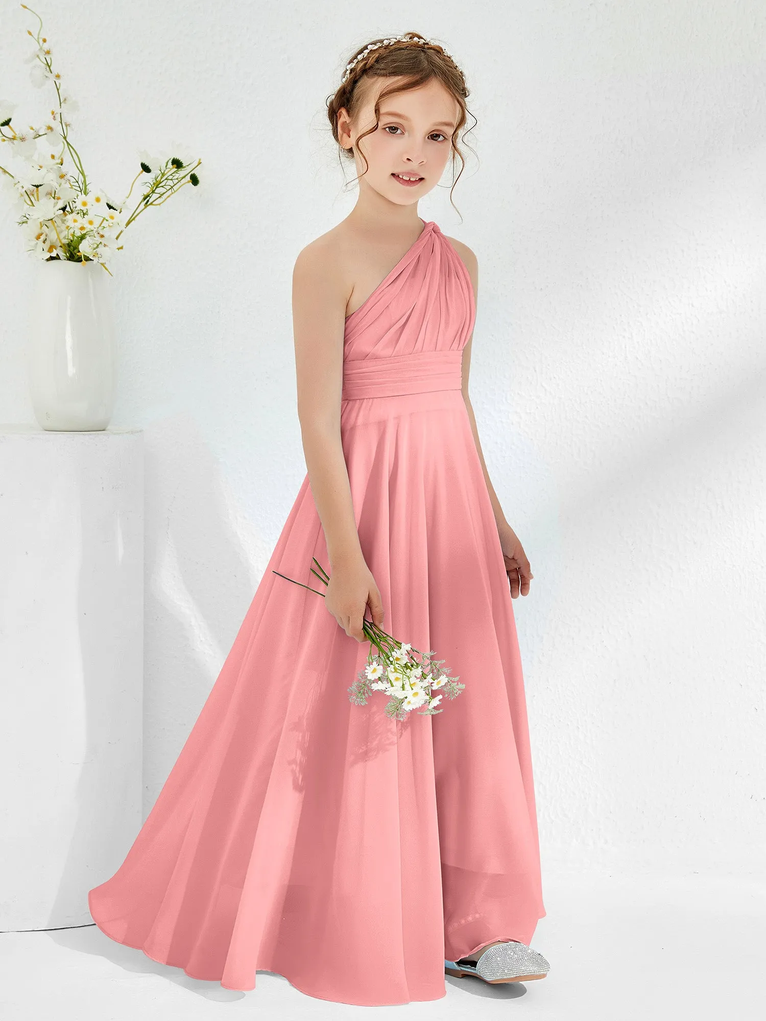 Cute One Shoulder  A-line Junior Bridesmaid Dresses Flamingo