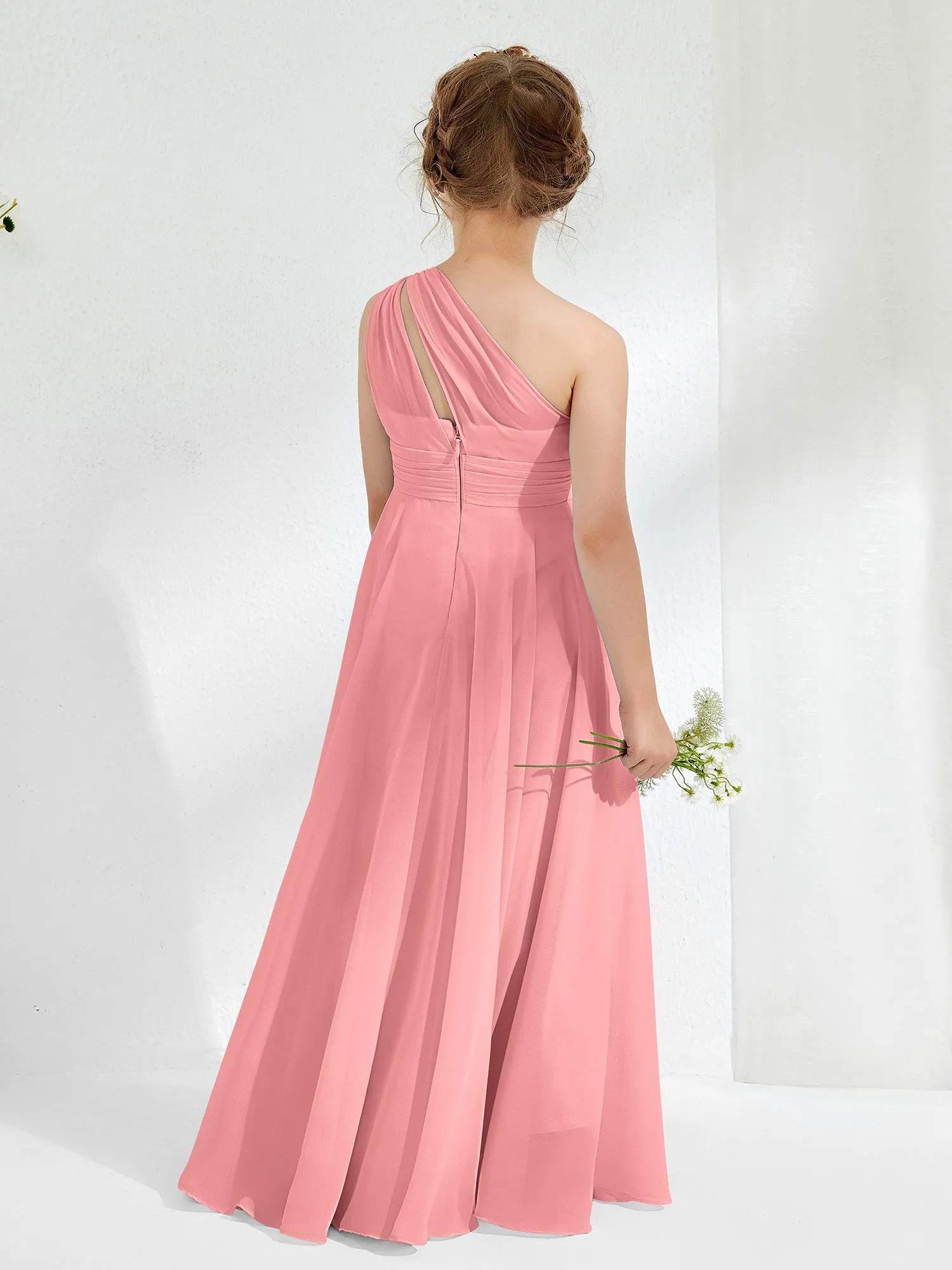 Cute One Shoulder  A-line Junior Bridesmaid Dresses Flamingo