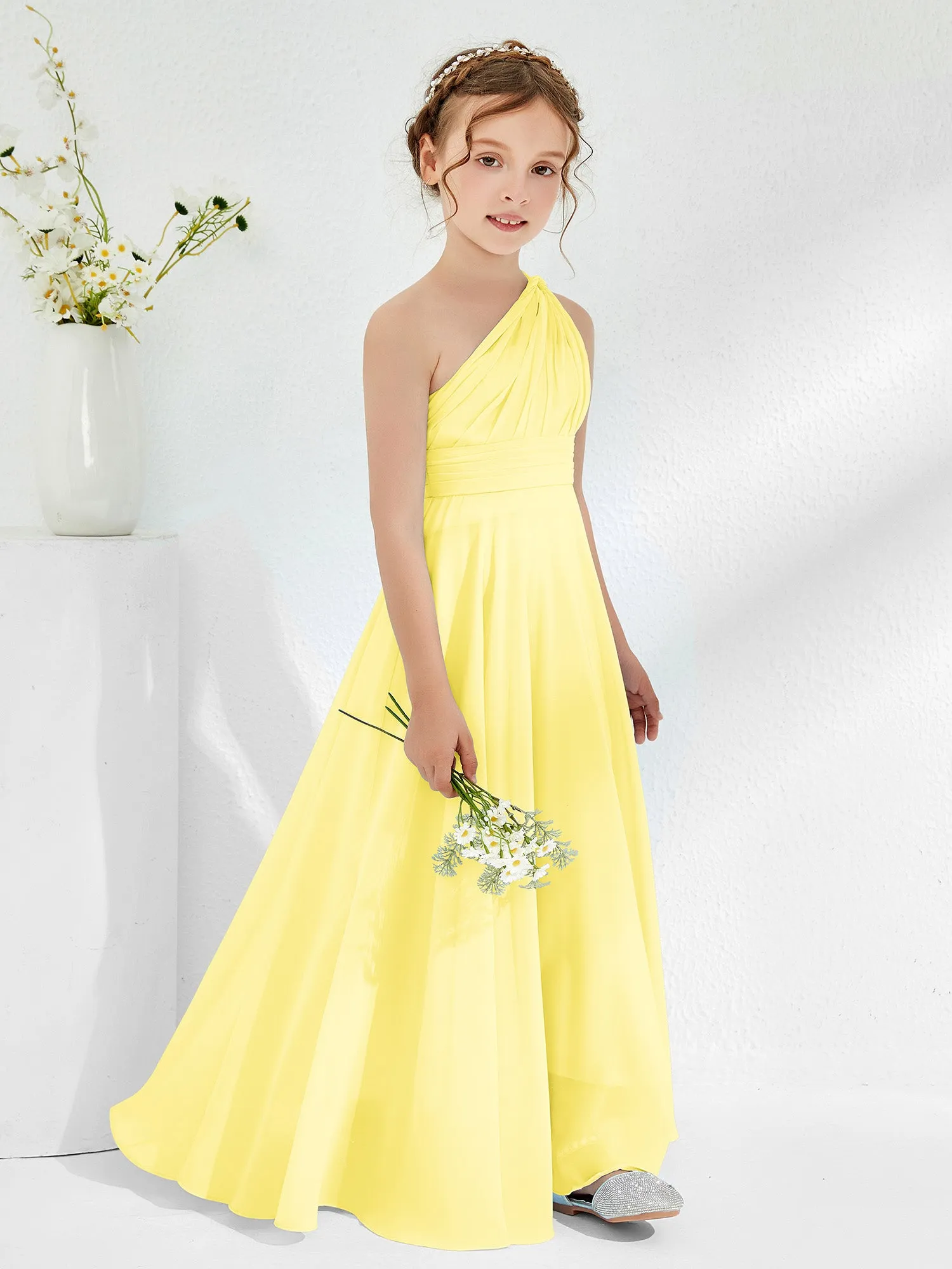 Cute One Shoulder  A-line Junior Bridesmaid Dresses Lemon