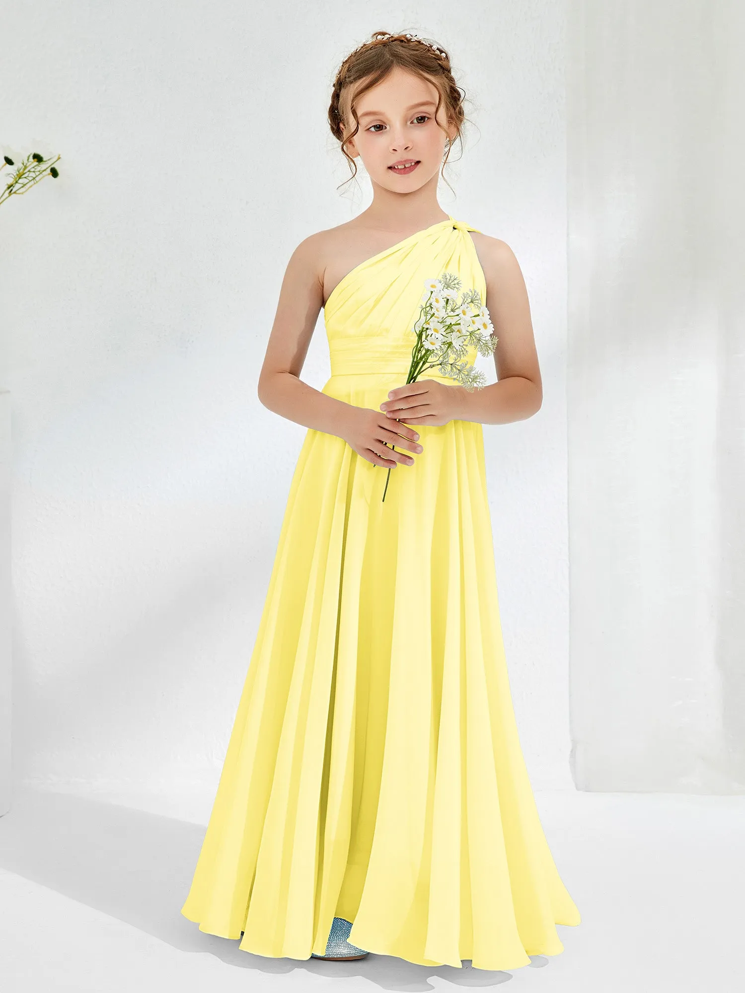 Cute One Shoulder  A-line Junior Bridesmaid Dresses Lemon