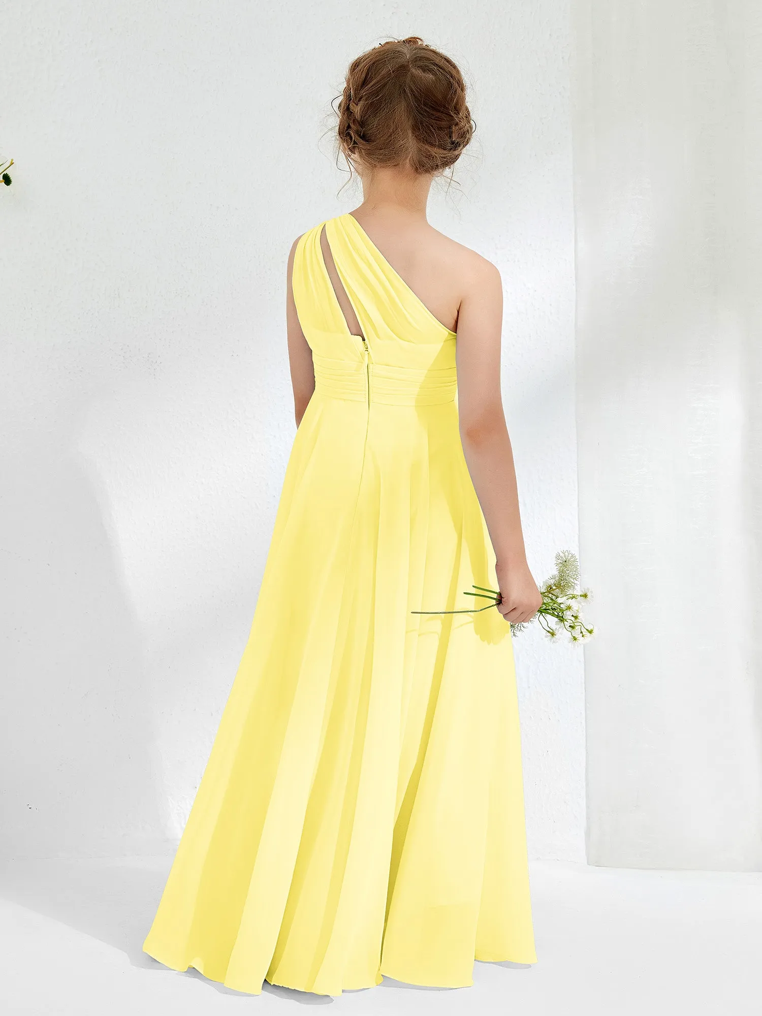 Cute One Shoulder  A-line Junior Bridesmaid Dresses Lemon