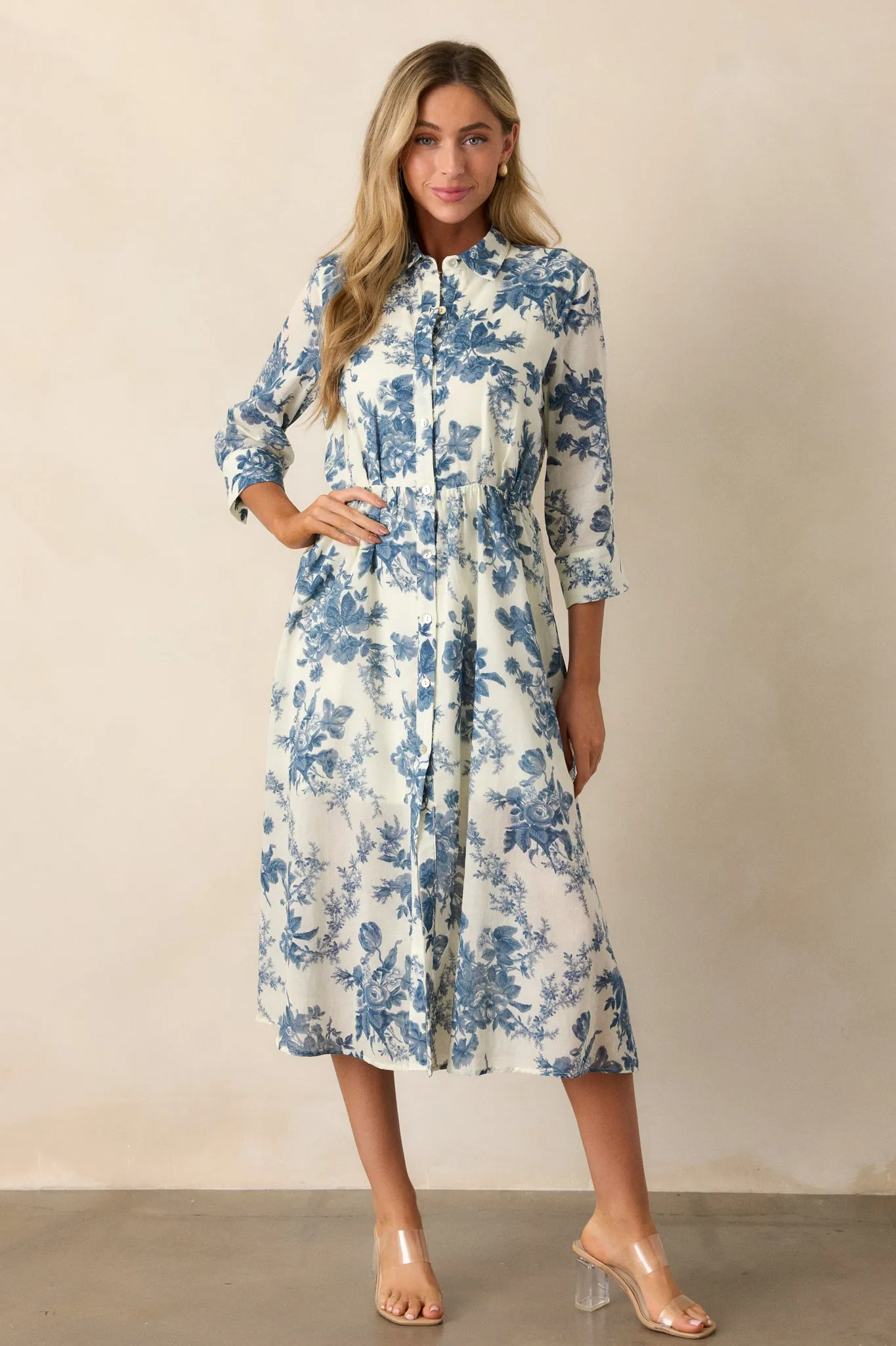 Dancing Dewdrops 100% Cotton Blue Floral Midi Dress