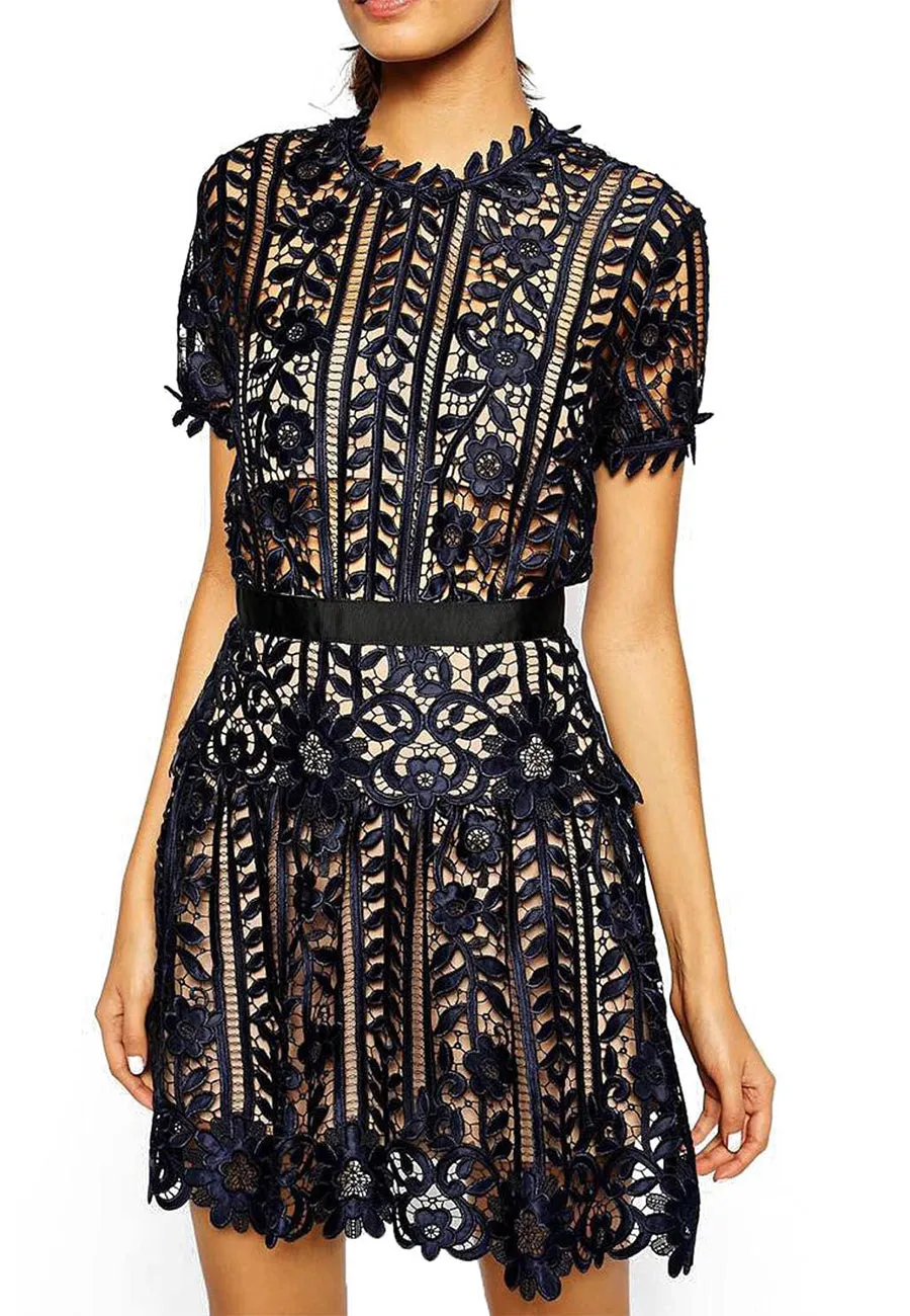 Dark Navy Amarylis Short Sleeves Lace Mini Dress (UK 8)